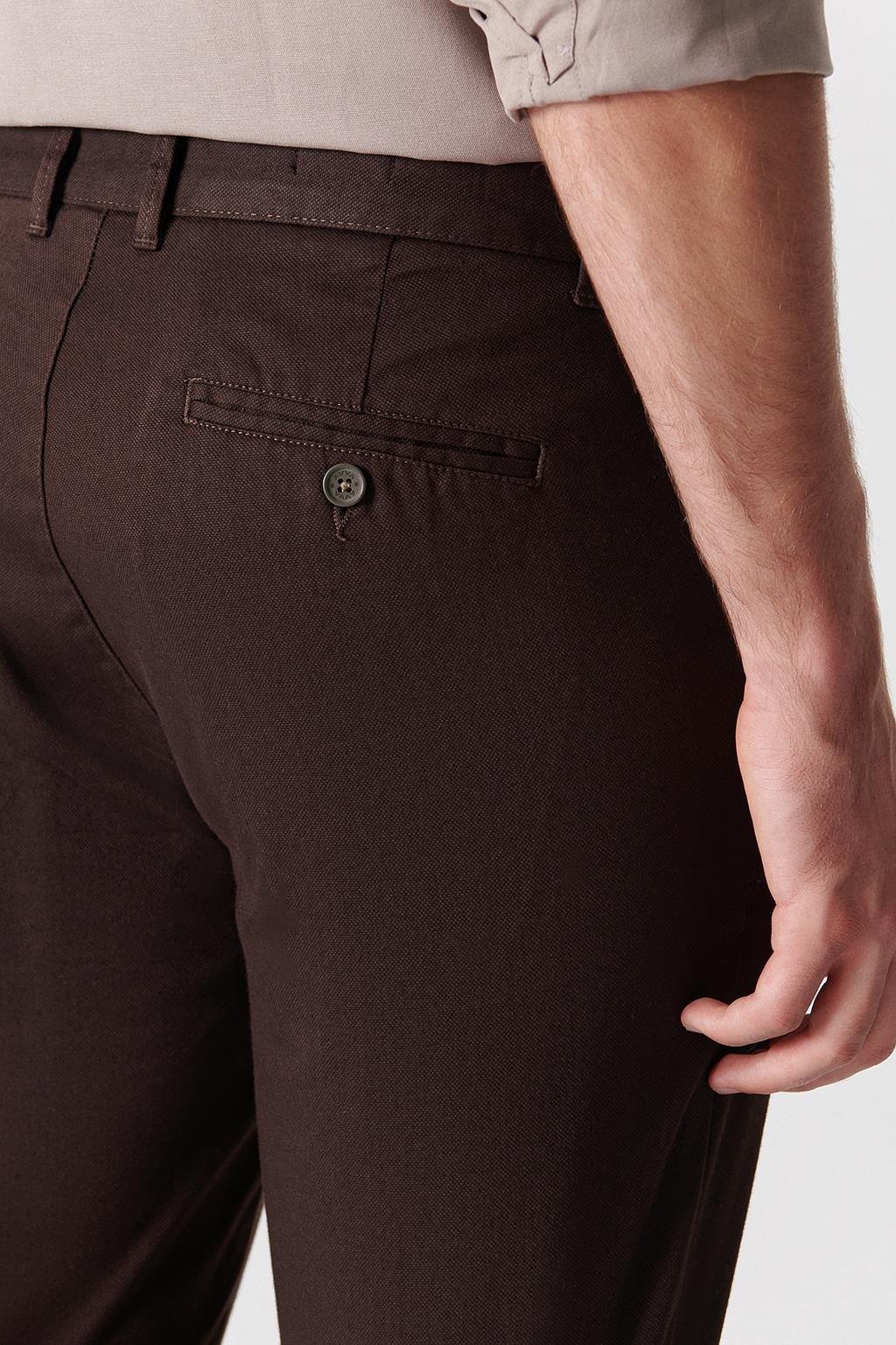 Kahverengi Yandan Cepli Comfort Slim Fit Kanvas Pantolon
