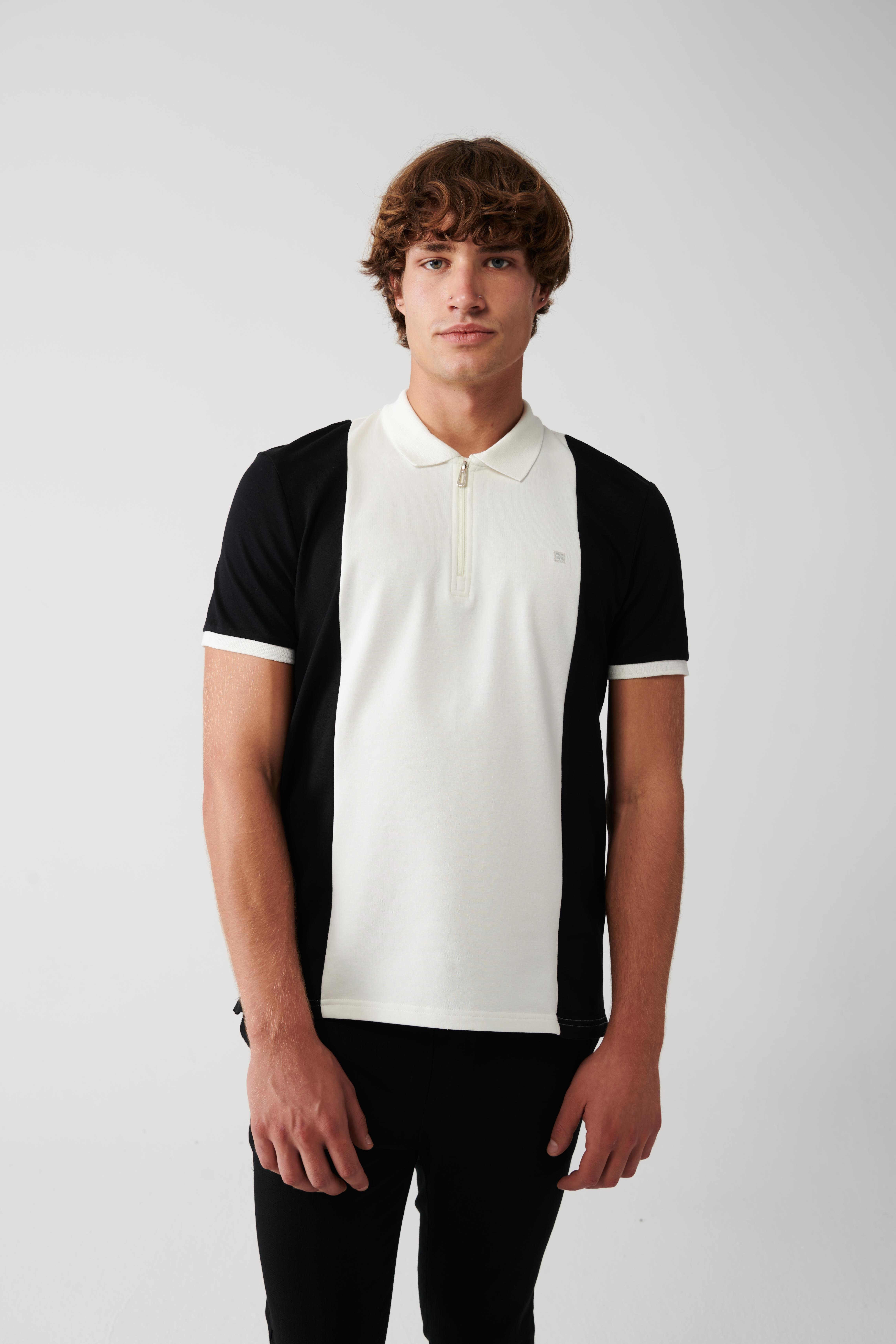 Siyah-Beyaz Polo Yaka Parçalı Fermuarlı T-Shirt