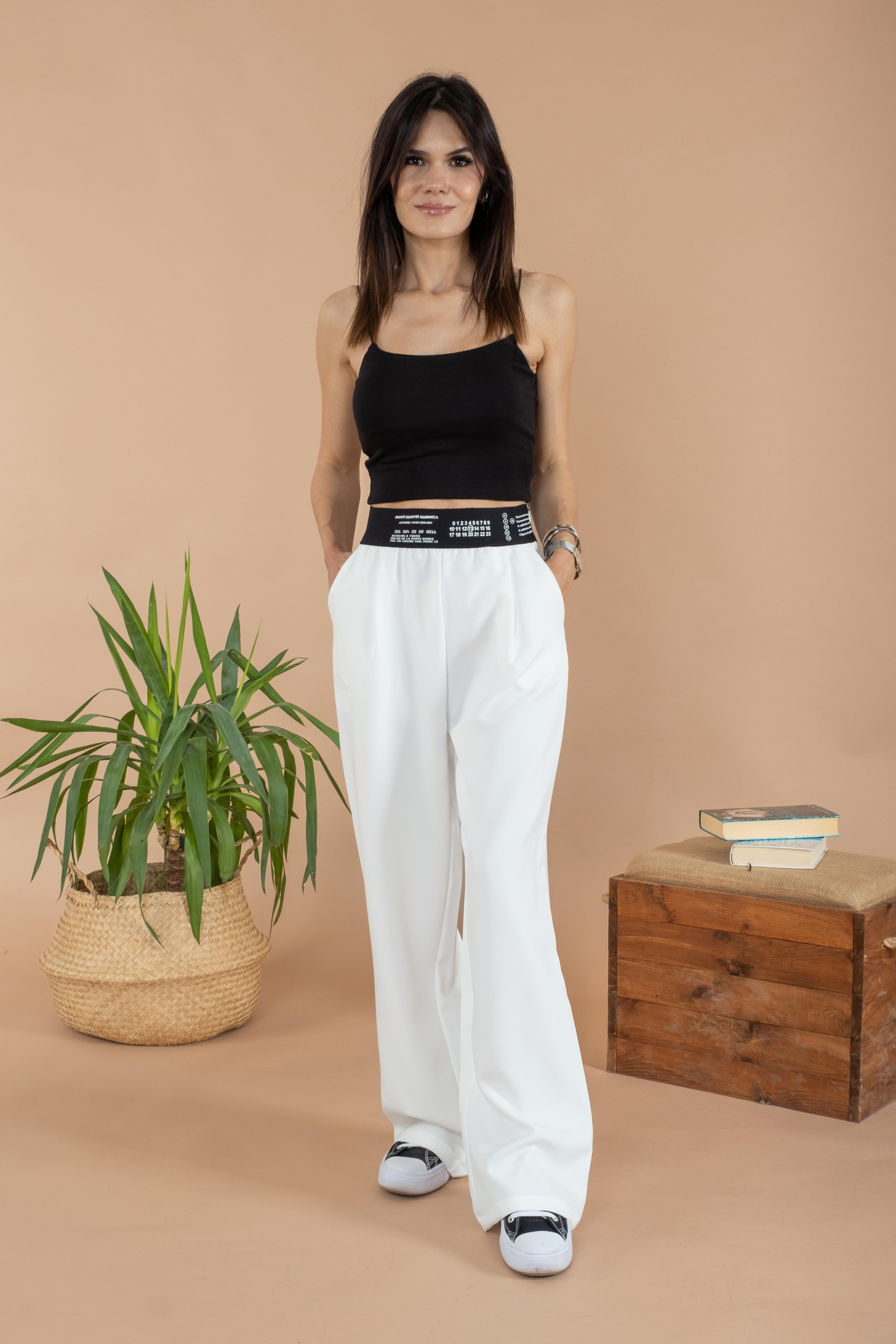 Mgebutik Beyaz Kadın Beli Yazı Detaylı Pantolon