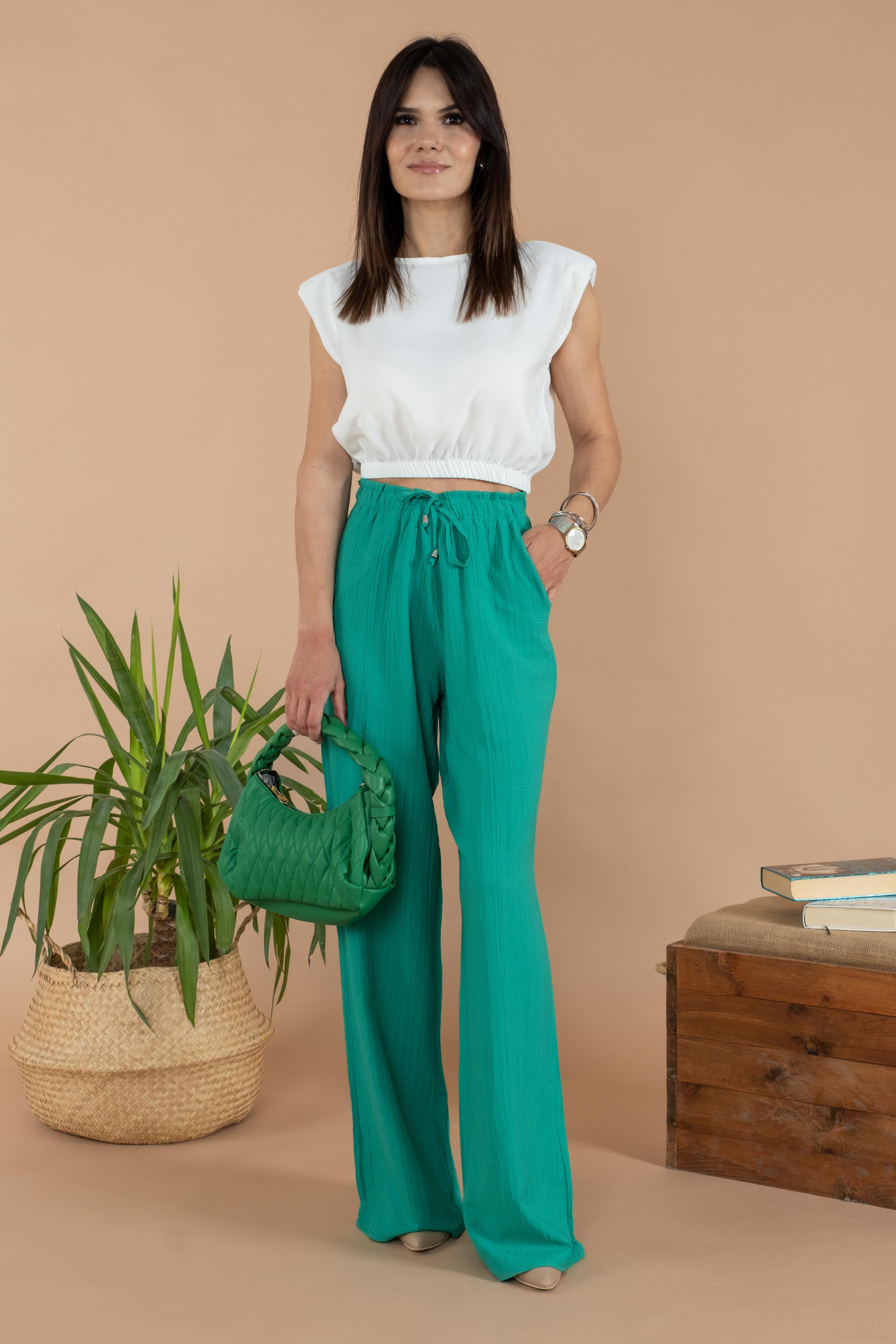 Mgebutik Yeşil Kadın Cepli Bol Paça Pantolon
