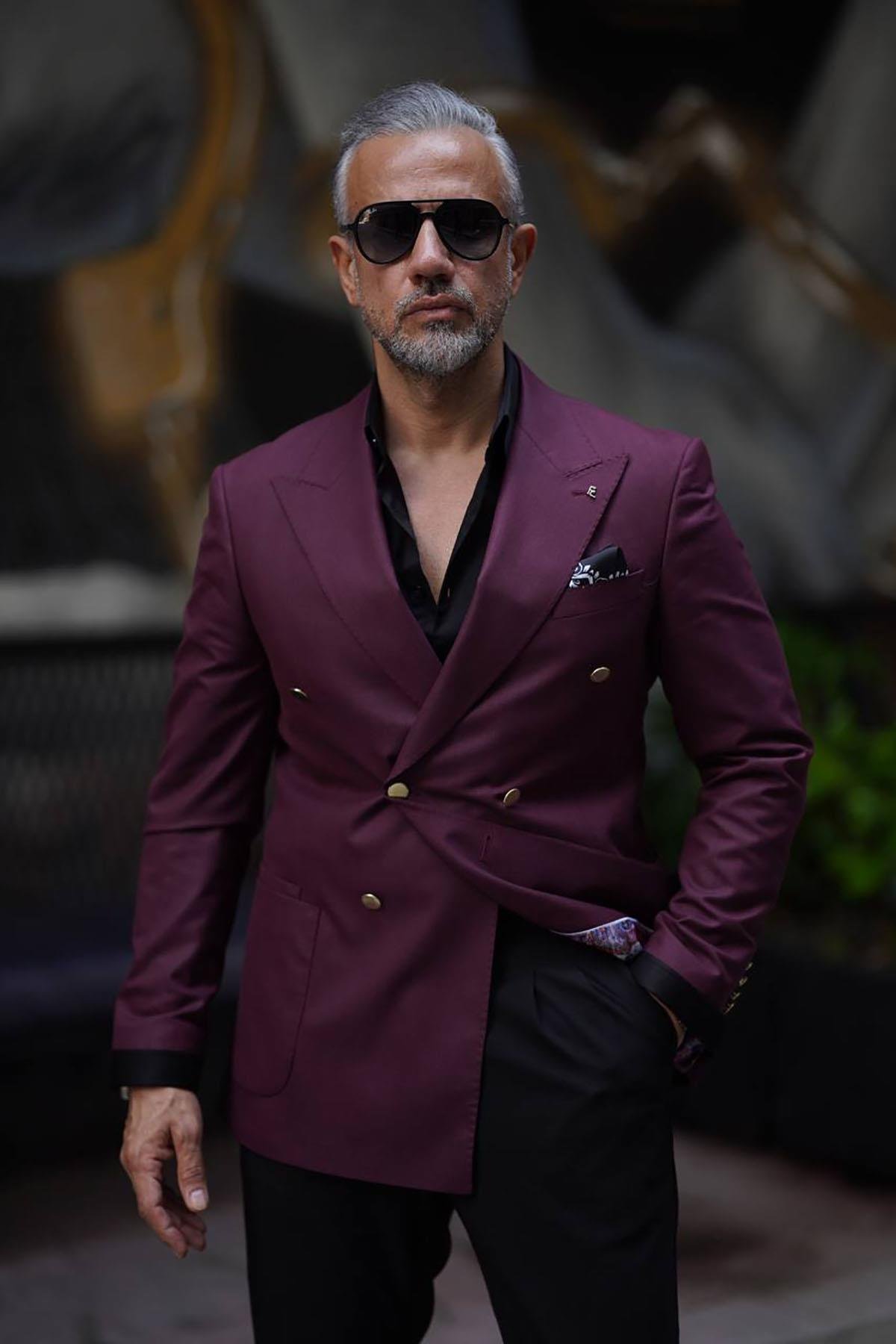DOUBLE BAG POCKET METAL BUTTON DETAILED PREMIUM DOUBLE BREASTED MAROON JACKET