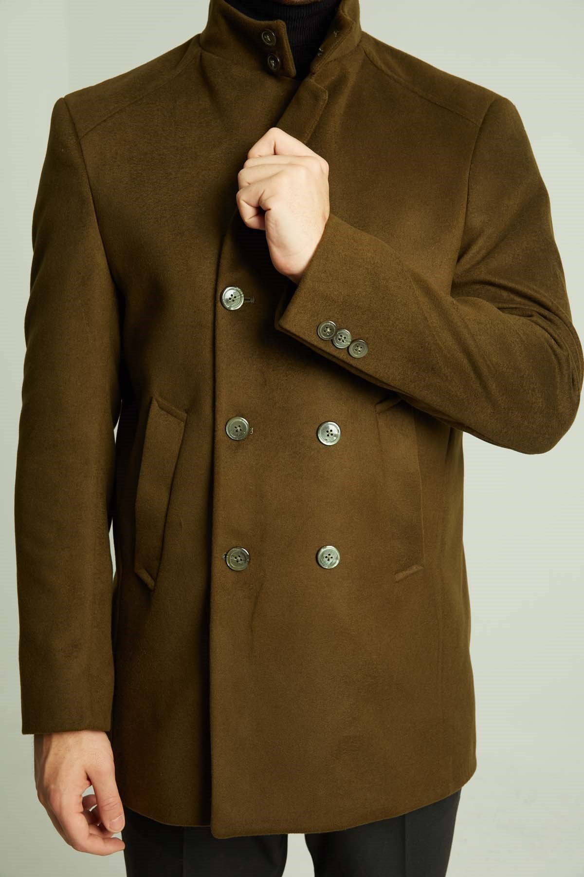 MANDARİN COLLAR DOUBLE BREASTED CACHET COAT - SLIM FIT