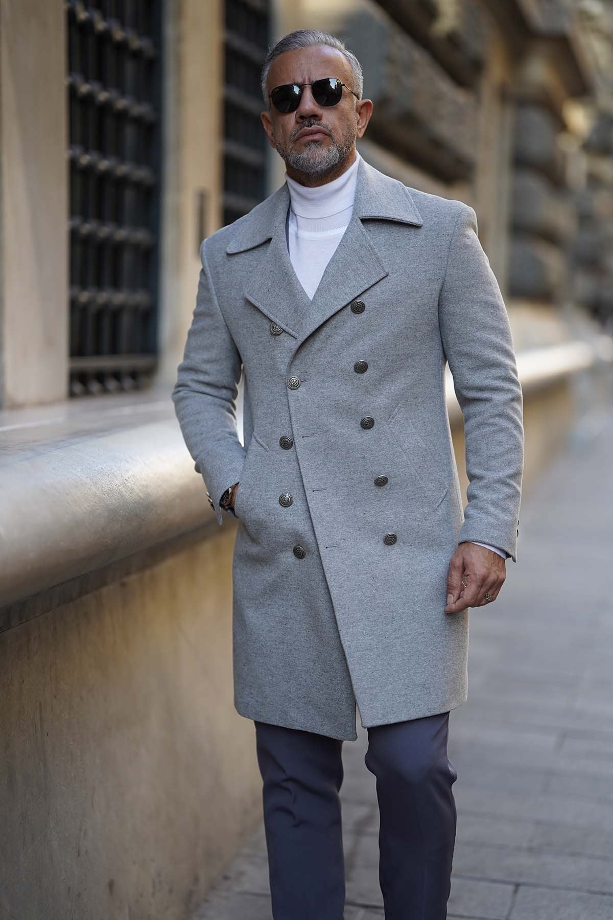 GRAY PADDLE COLLAR DOUBLE BREASTED COAT