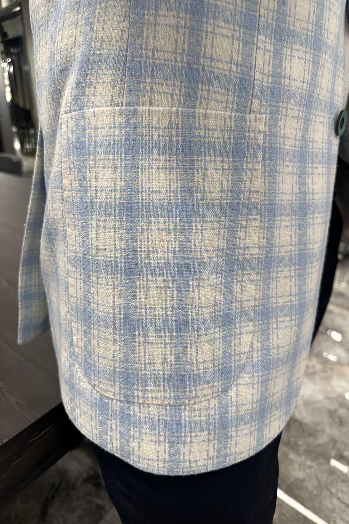 十場天伸 スリップウェア 21センチ BLUE SQUARE PATTERNED HALF-LINED JACKET - SLIM FIT