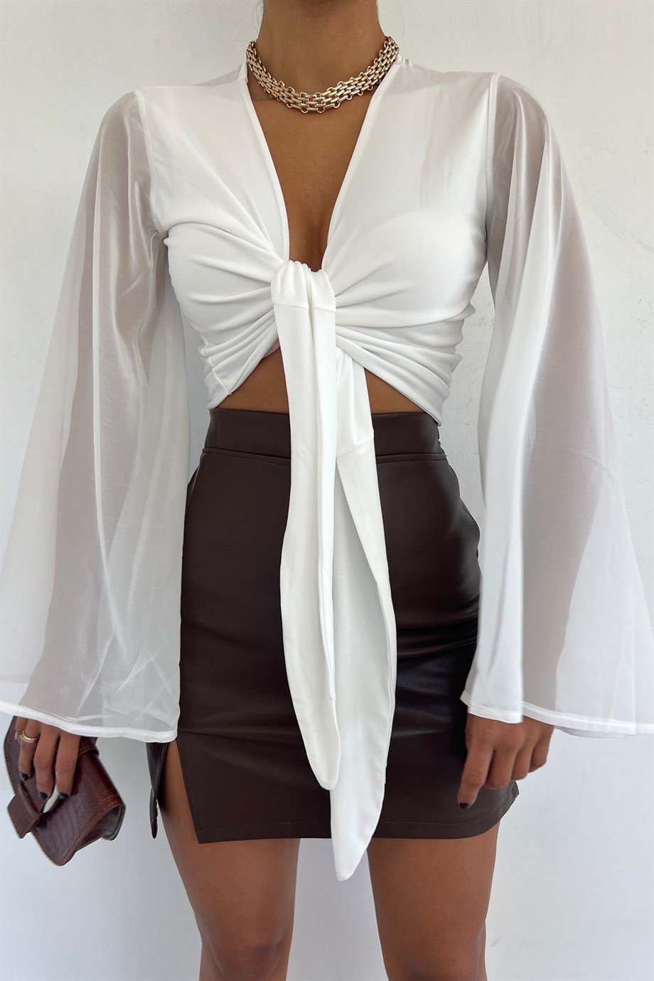 Kadın Beyaz Göğüs Bağlamalı Şifon Bluz