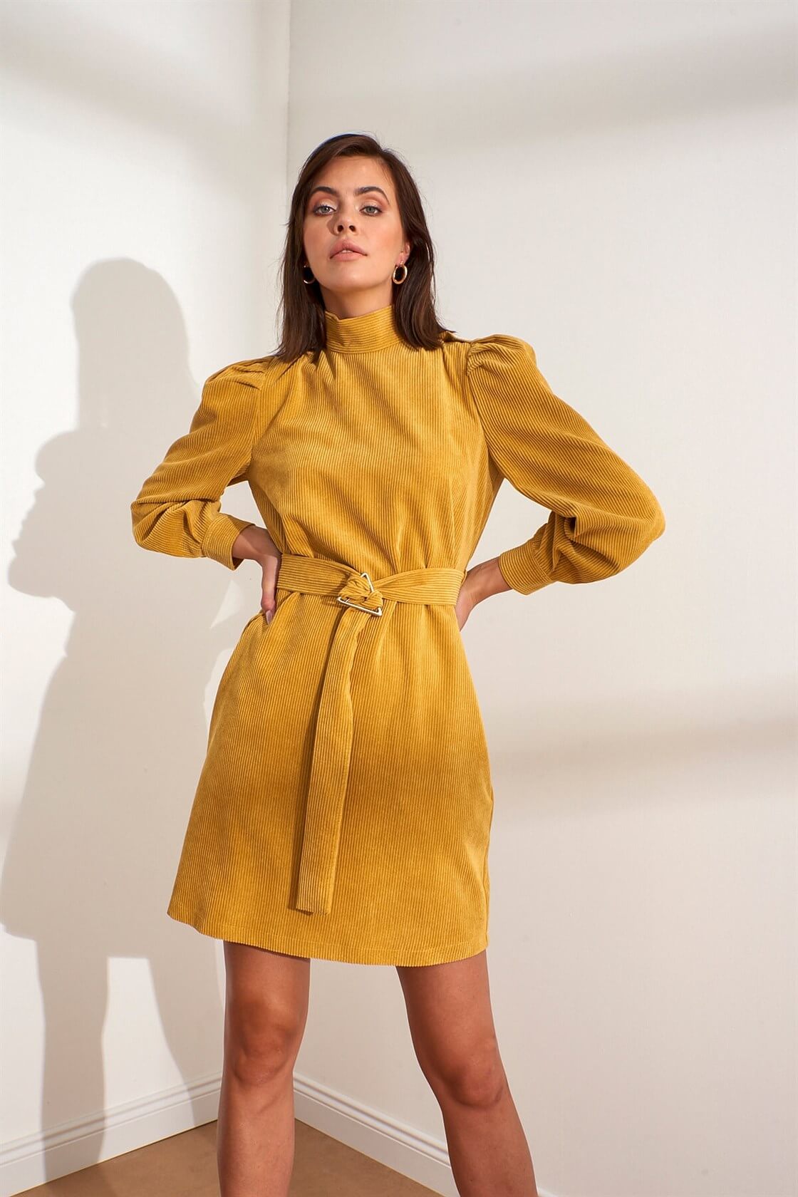 Kadın Sarı Dik Yaka Kuşaklı Fitilli Kadife Elbise ST060W4090601 | Setre