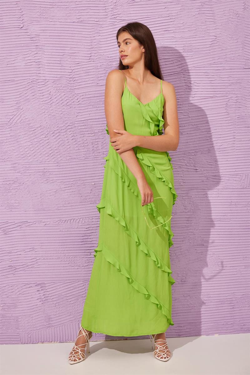 Kadın Fıstık Yeşili Askılı Fırfır Detaylı Elbise ST070S40177901 | Setre