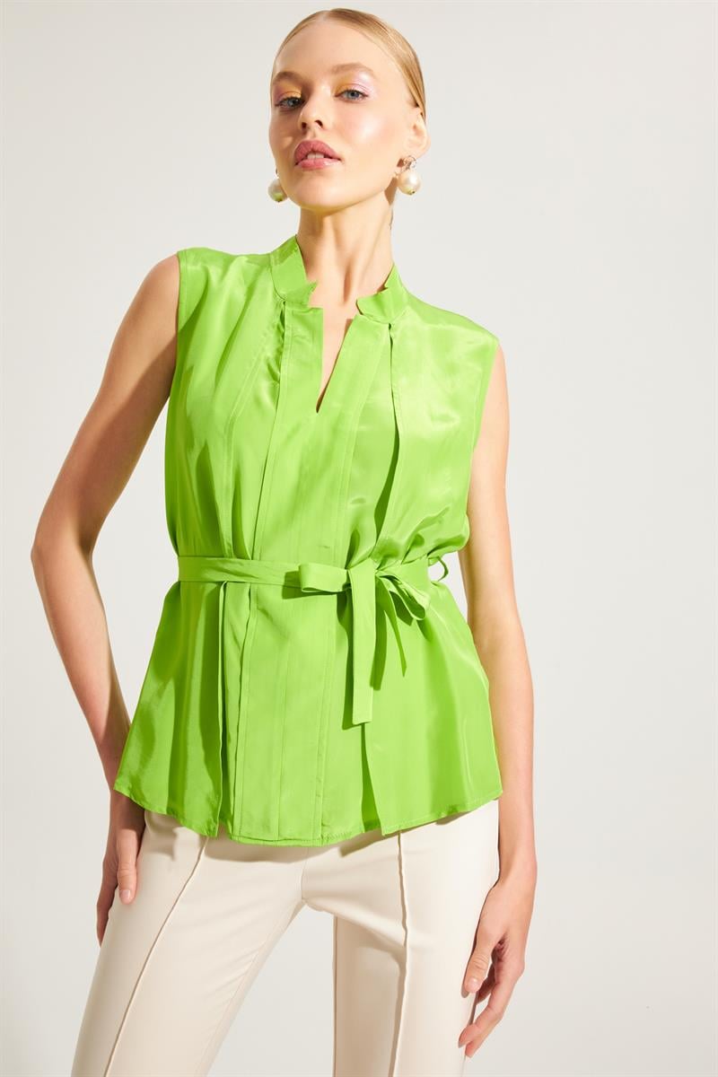 Kadın Fıstık Yeşili Yaka Detaylı Bağlamalı Kolsuz Gömlek ST090S65206001 |  Setre