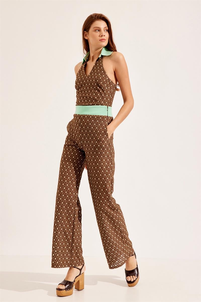 Kadın Kahverengi Yakalı Kolsuz Bluz Bol Paça Pantolon Takım ST060S30702002  | Setre