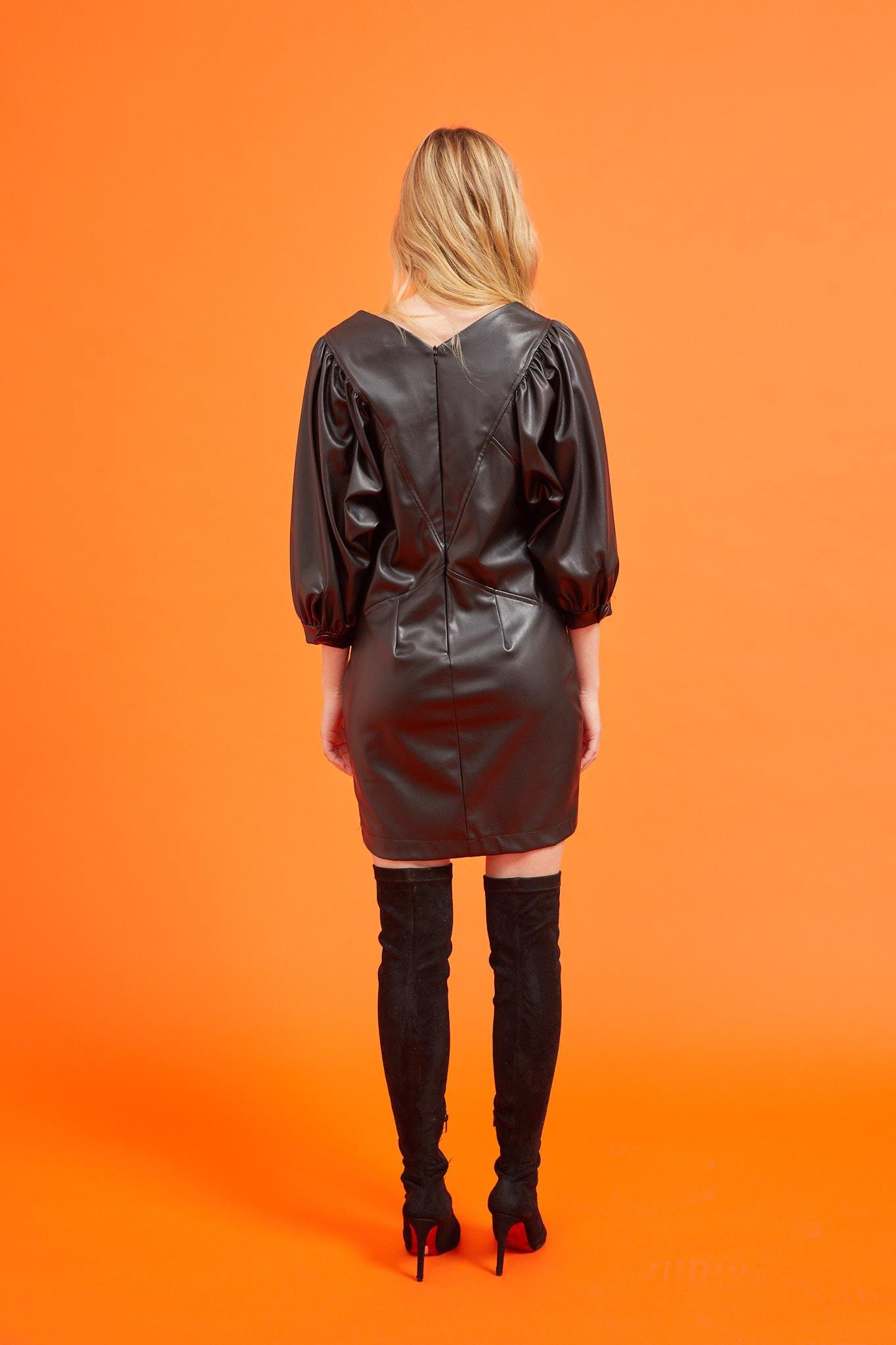 Kadın Siyah Karpuz Kol Mini Deri Elbise ST050W4083001 | Setre