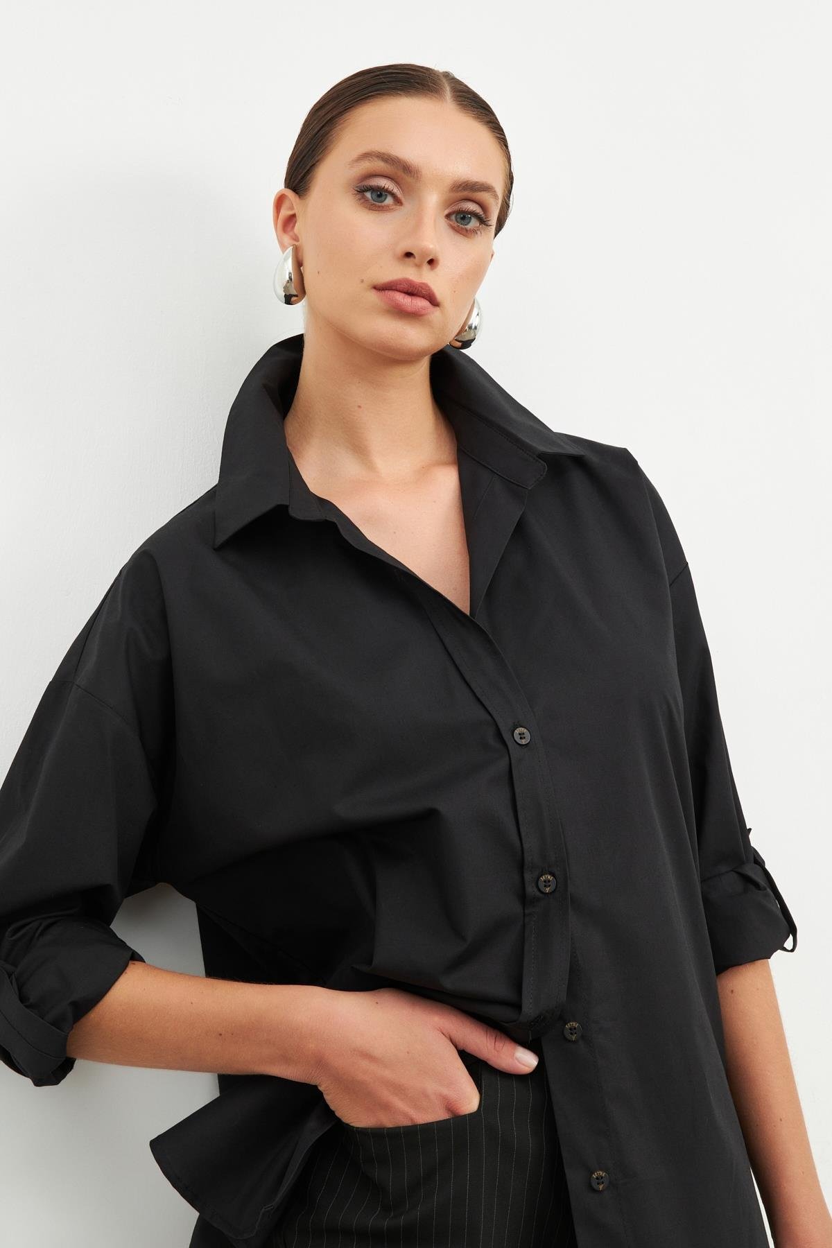 Kadın Siyah Uzun Kollu Gömlek ST070S553090001 | Setre