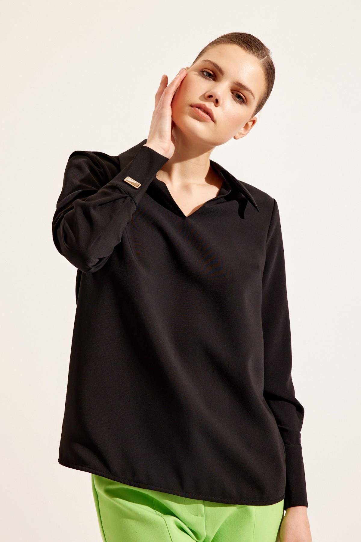Kadın Siyah Uzun Kollu Yaka Detaylı Bluz ST070S30959001 | Setre
