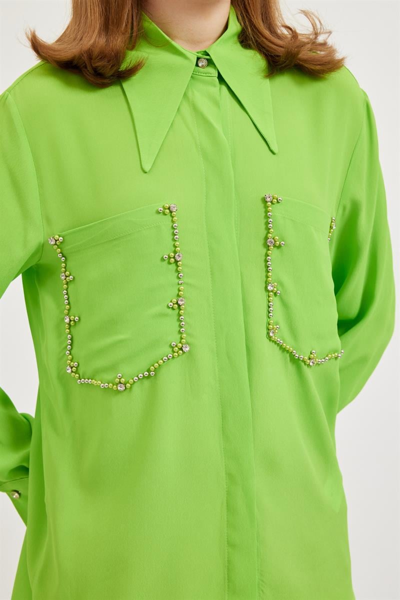 Kadın Yeşil Cepli Boncuk Detaylı Gömlek ST070W55268001 | Setre