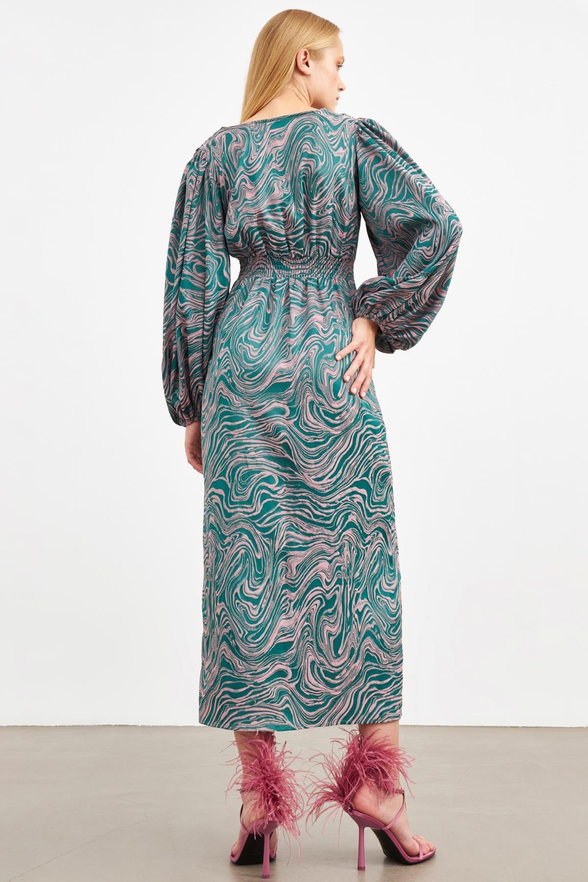 Kadın Yeşil-Pudra Batik Desenli V Yaka Düğmeli Elbise ST090S402113001 |  Setre