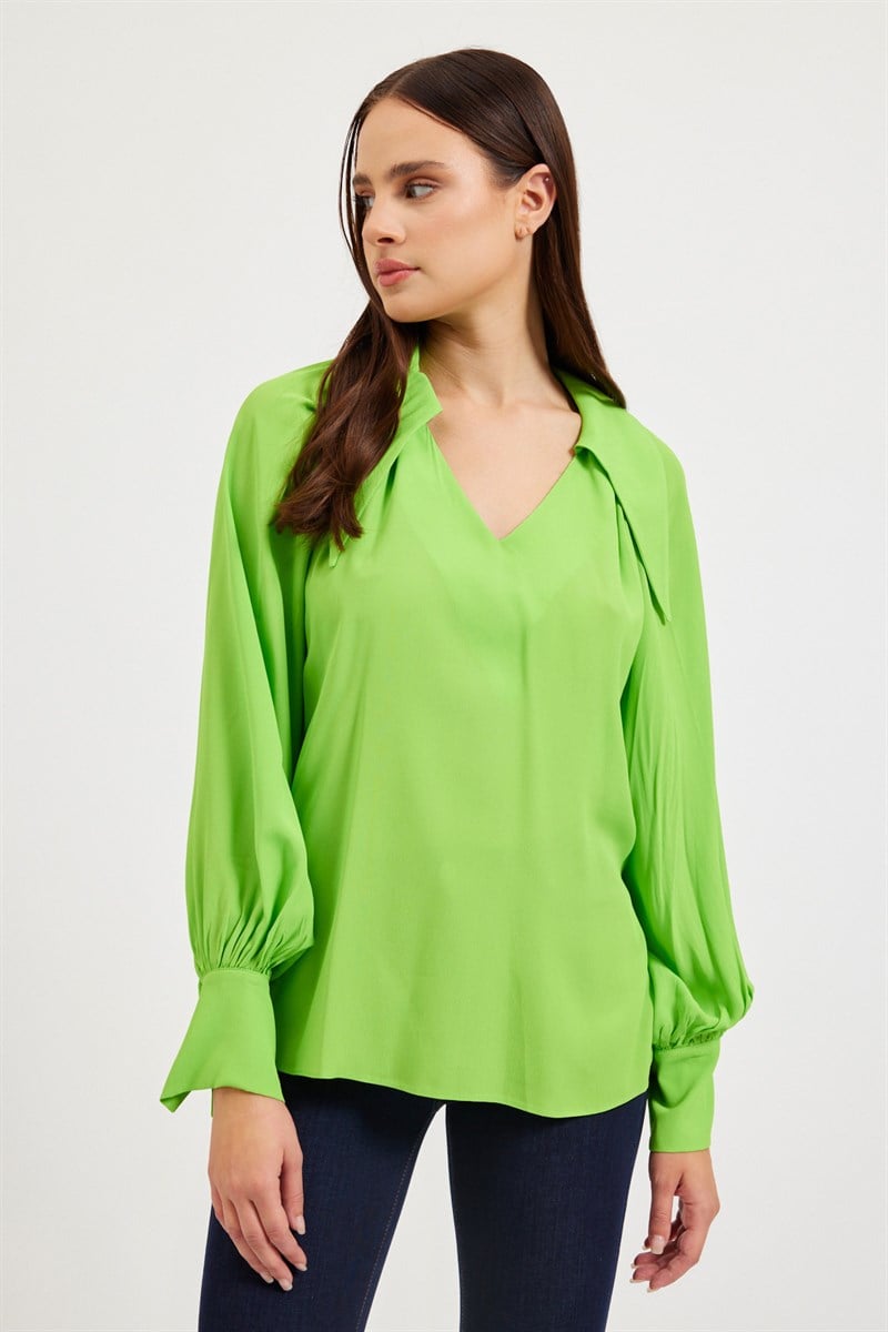 Kadın Yeşil Yaka Detay Rahat Kesim Bluz ST070W30777001 | Setre