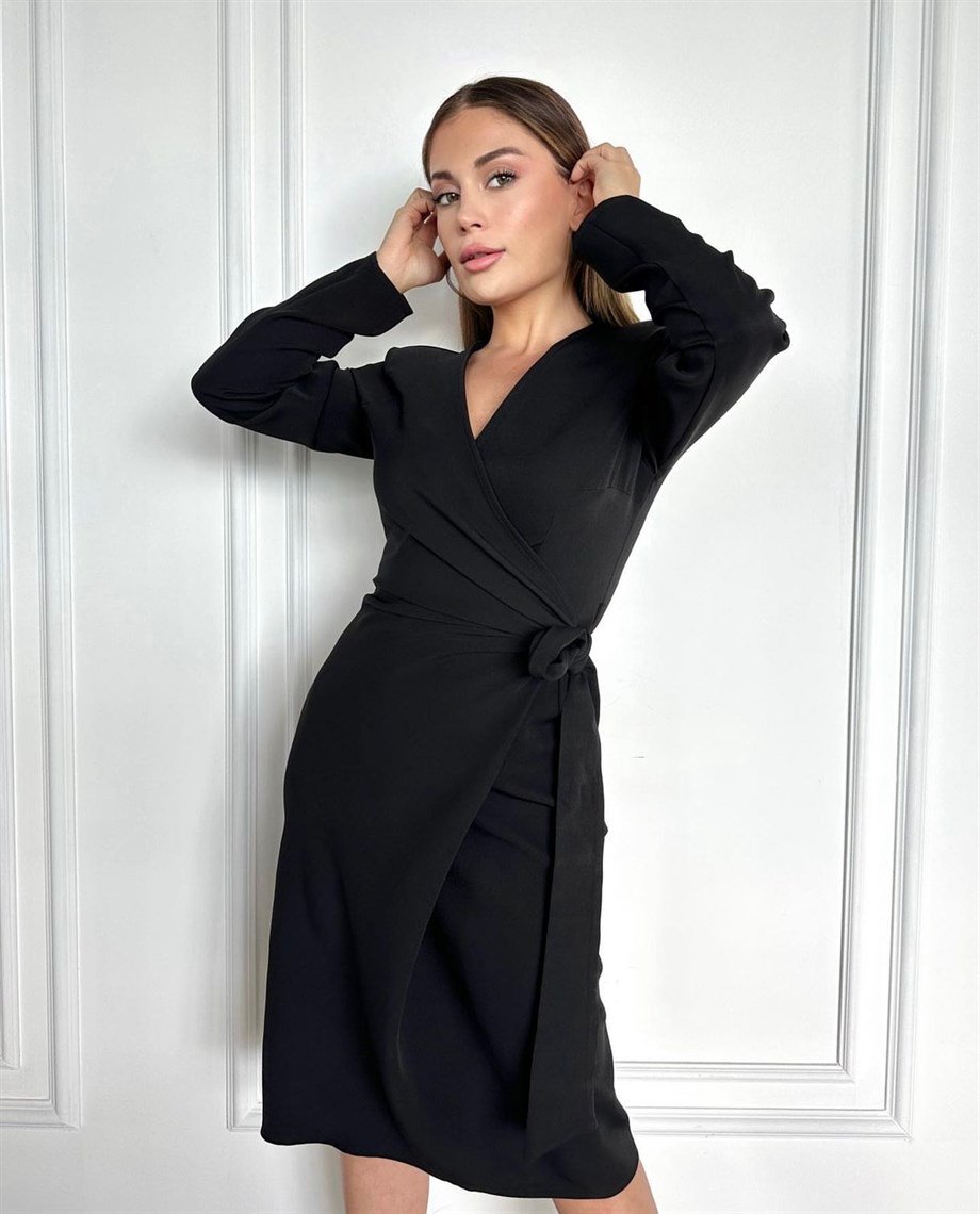 Siyah Premium Seri Uzun Kol Kruvaze Anvelop Elbise