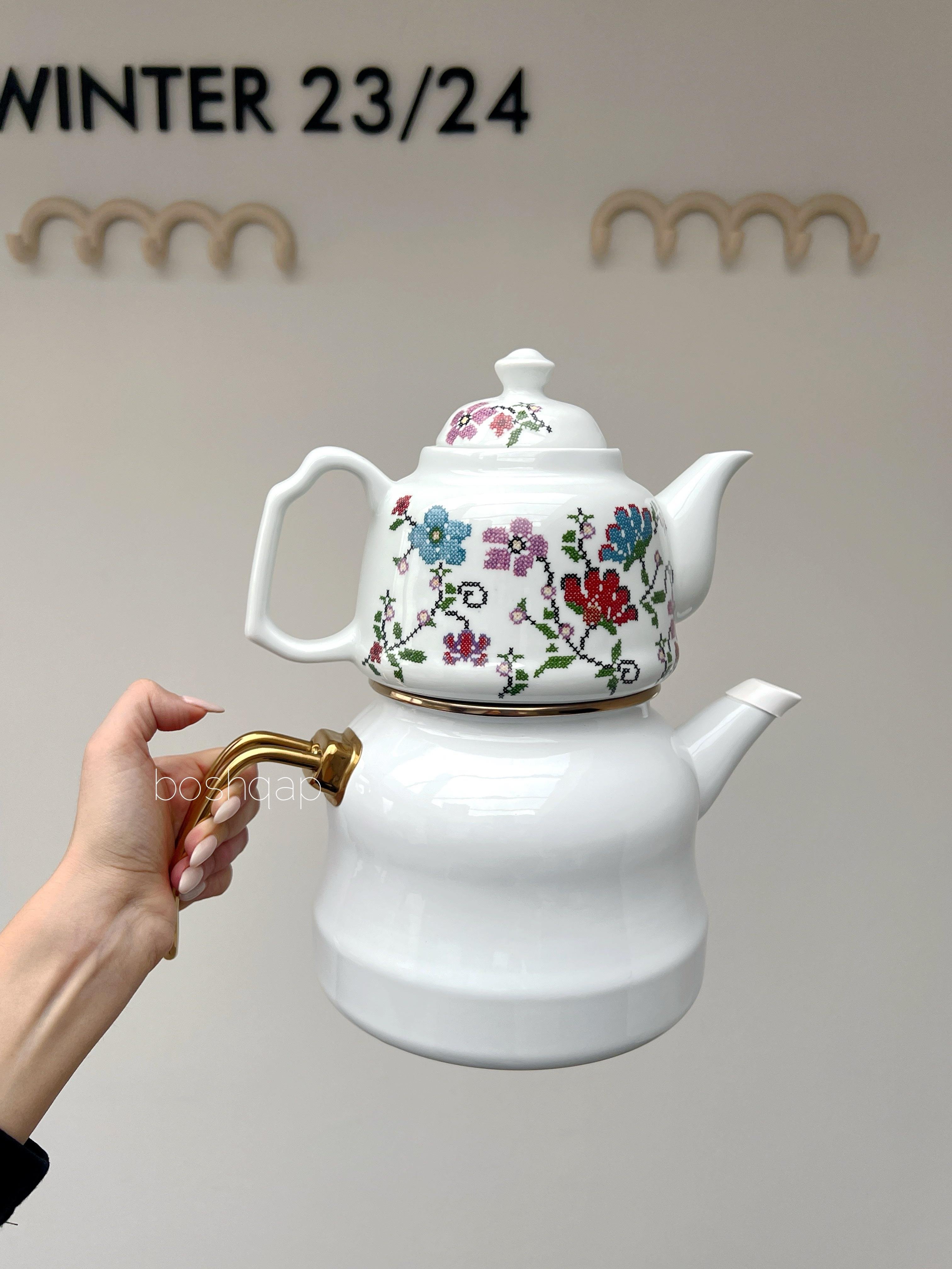 Kanaviçe Desen Emaye Üstü Porselen Çaydanlık