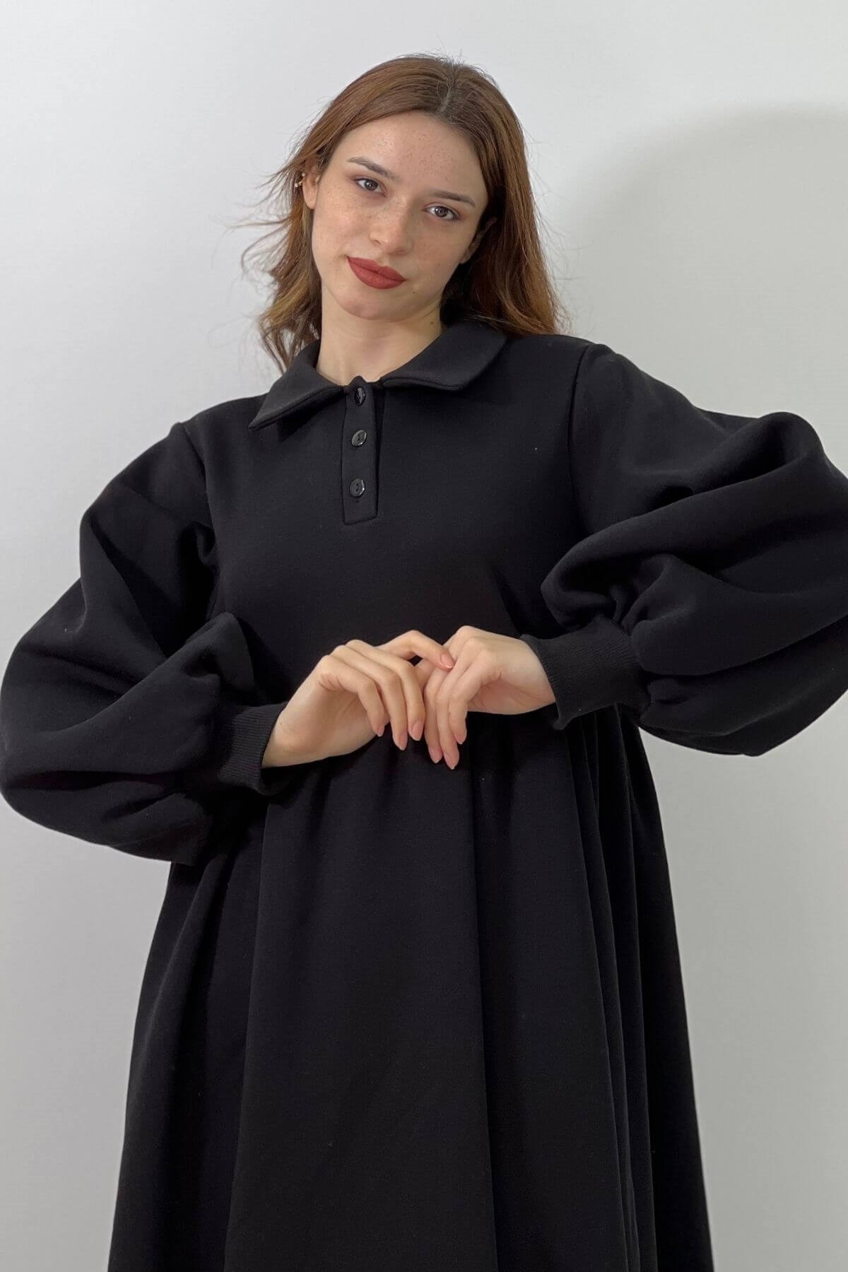 Oversize Yarım Düğmeliü Siyah Sweat Elbise