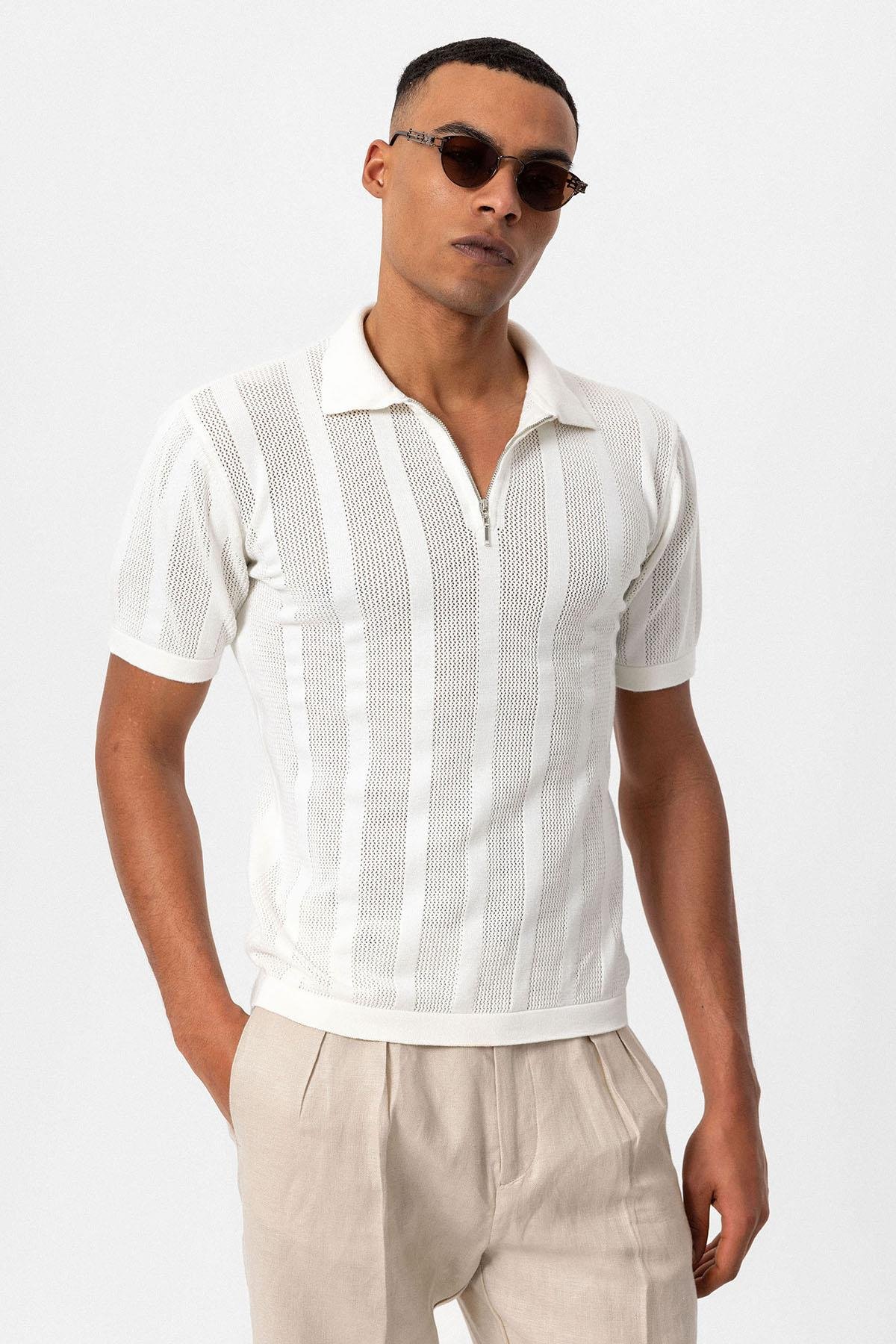 Beyaz Polo Yaka Fermuarl Orme Erkek T Shirt Antioch