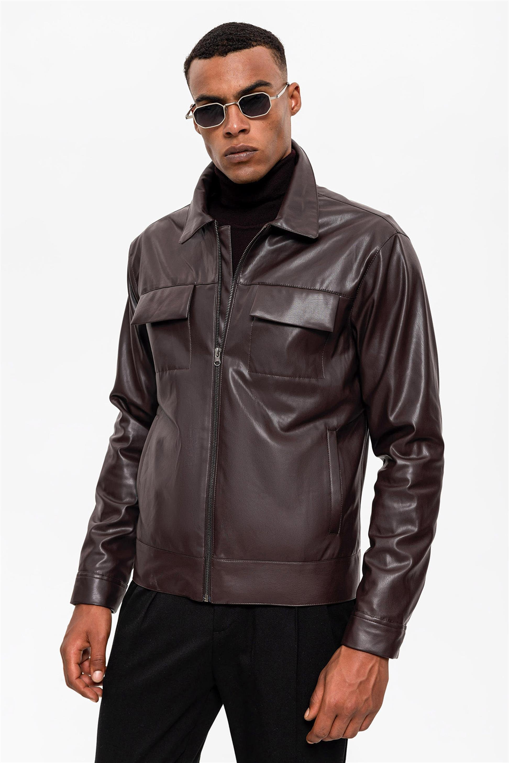 Men's Leather Jacket with Pocket Detail