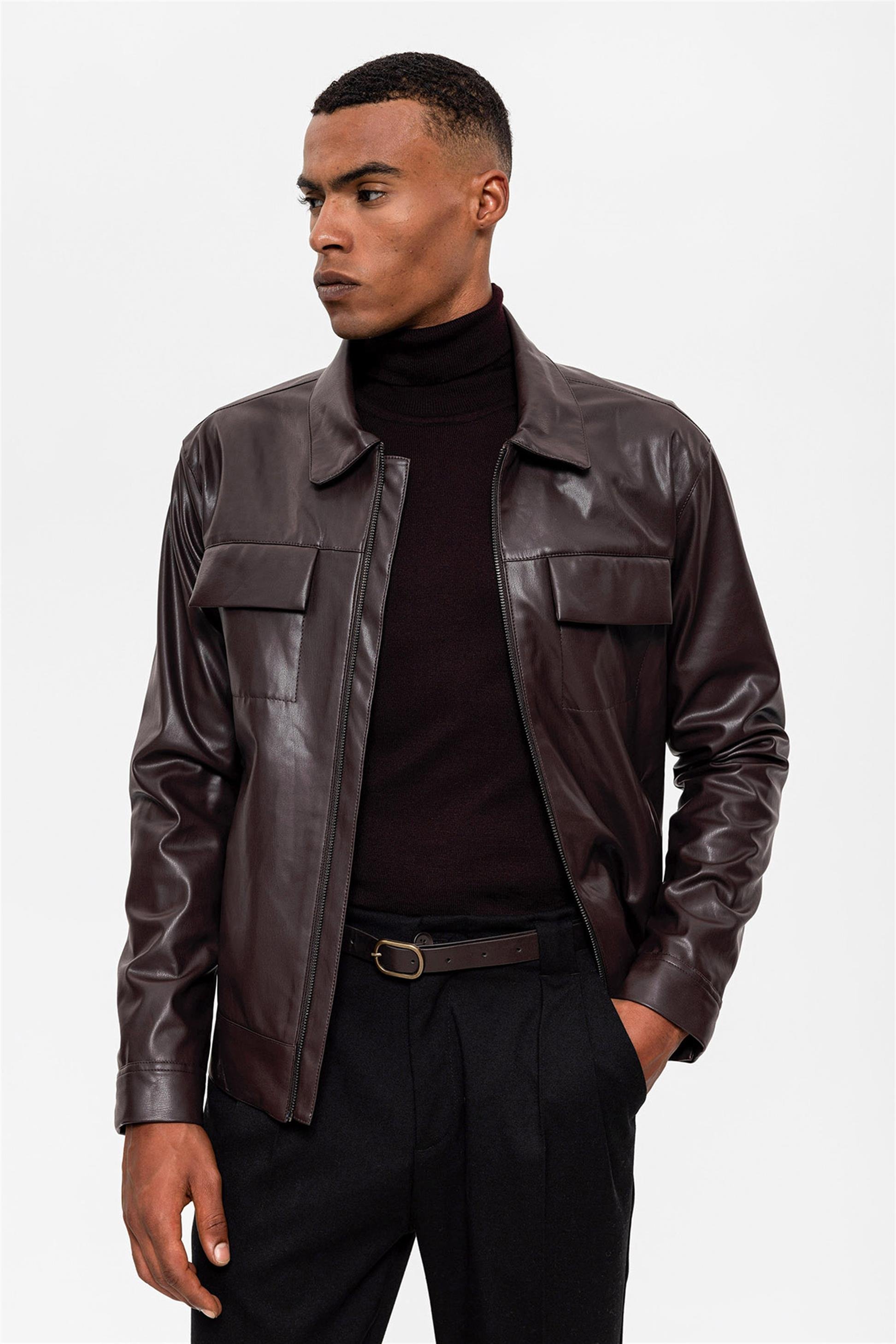 Men's Leather Jacket with Pocket Detail