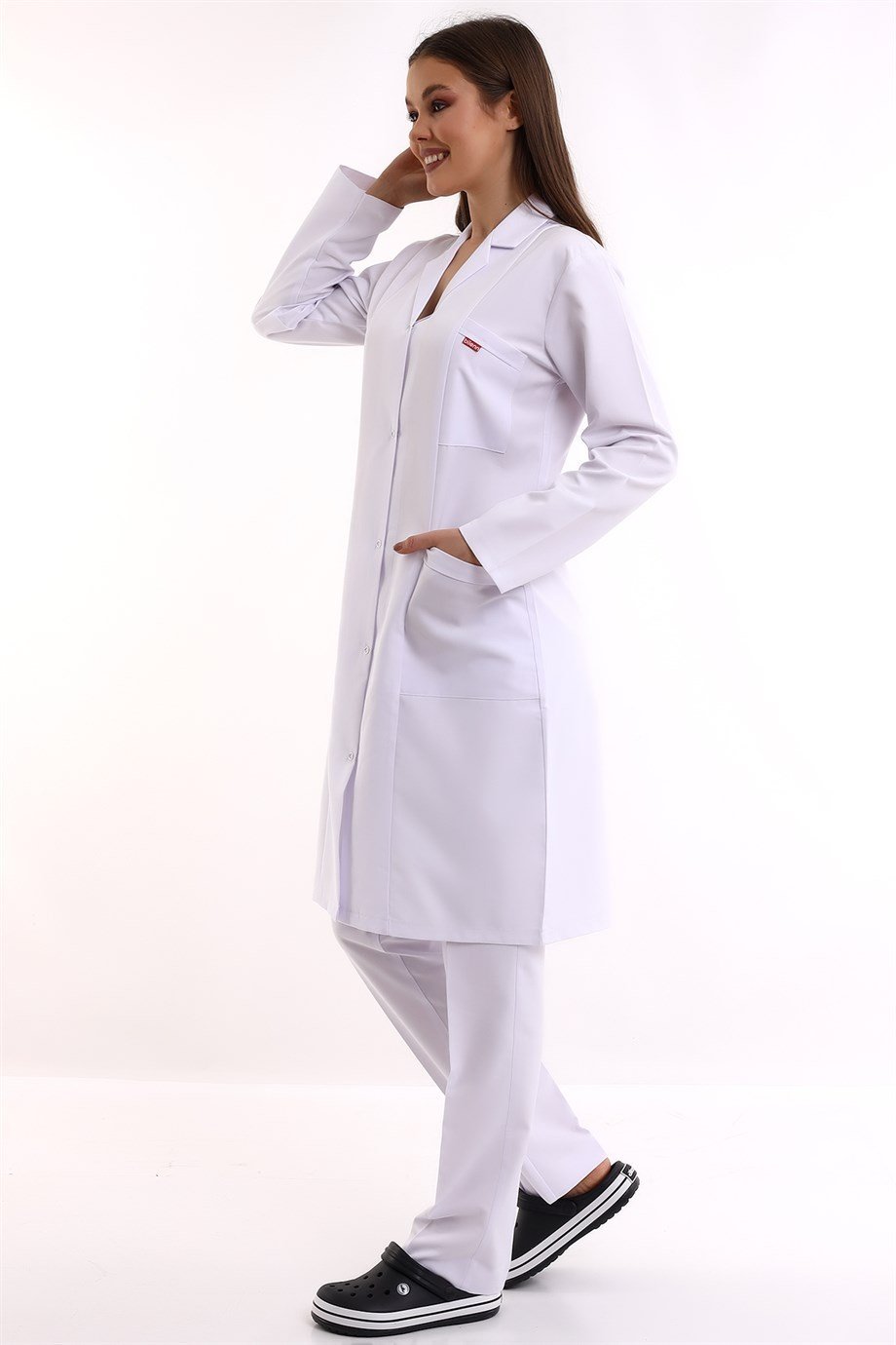 Beyaz Doktor Öğretmen Kadın Uzun Boy Ceket Yaka Önlük