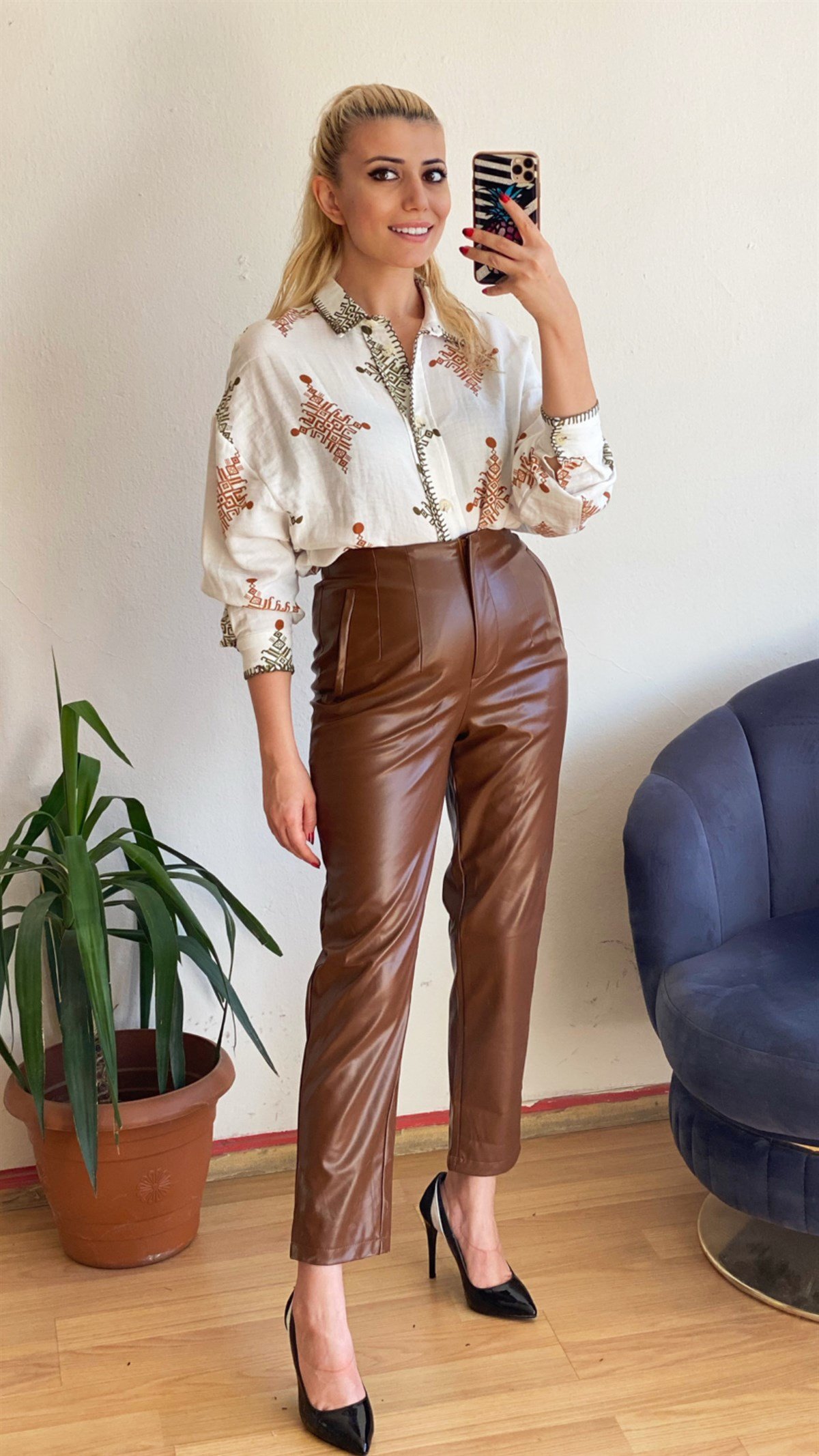 Kadın Taba Zara Model Pensli Deri Pantolon - Tuğbali