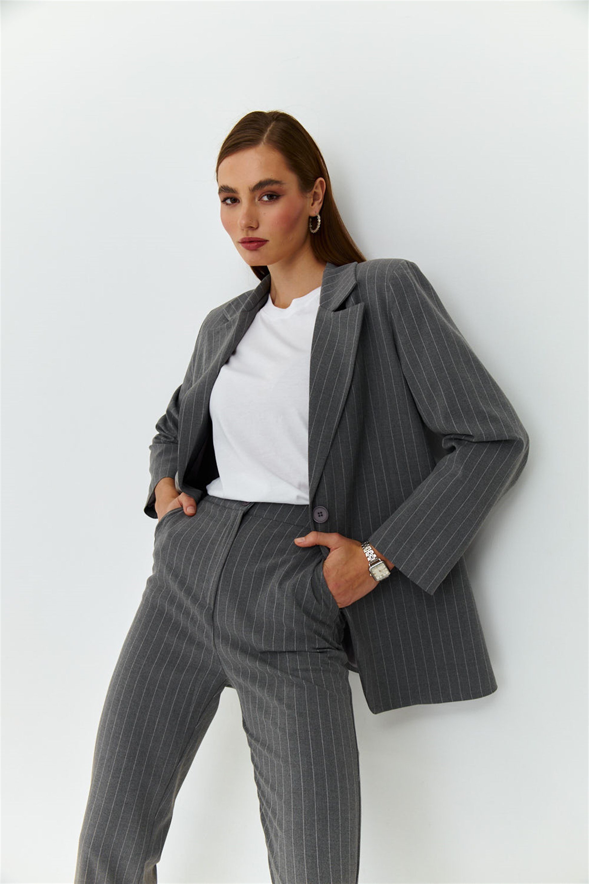 Çizgili Blazer Ceket Pantolon Gri Kadın Takım | Tuba Butik