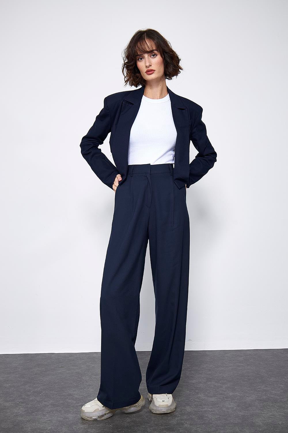 Lacivert Crop Blazer Kad n Ceket Tuba Butik