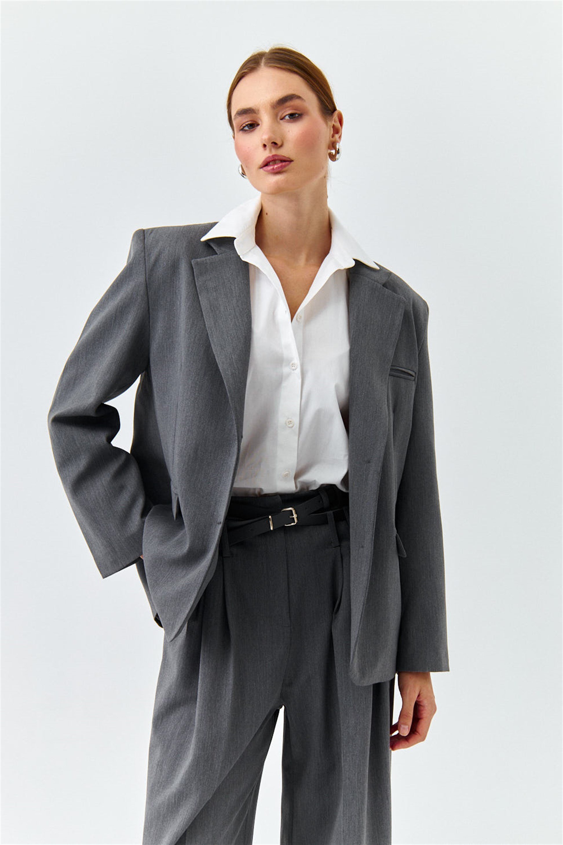 Oversize Blazer Gri Kadın Ceket | Tuba Butik