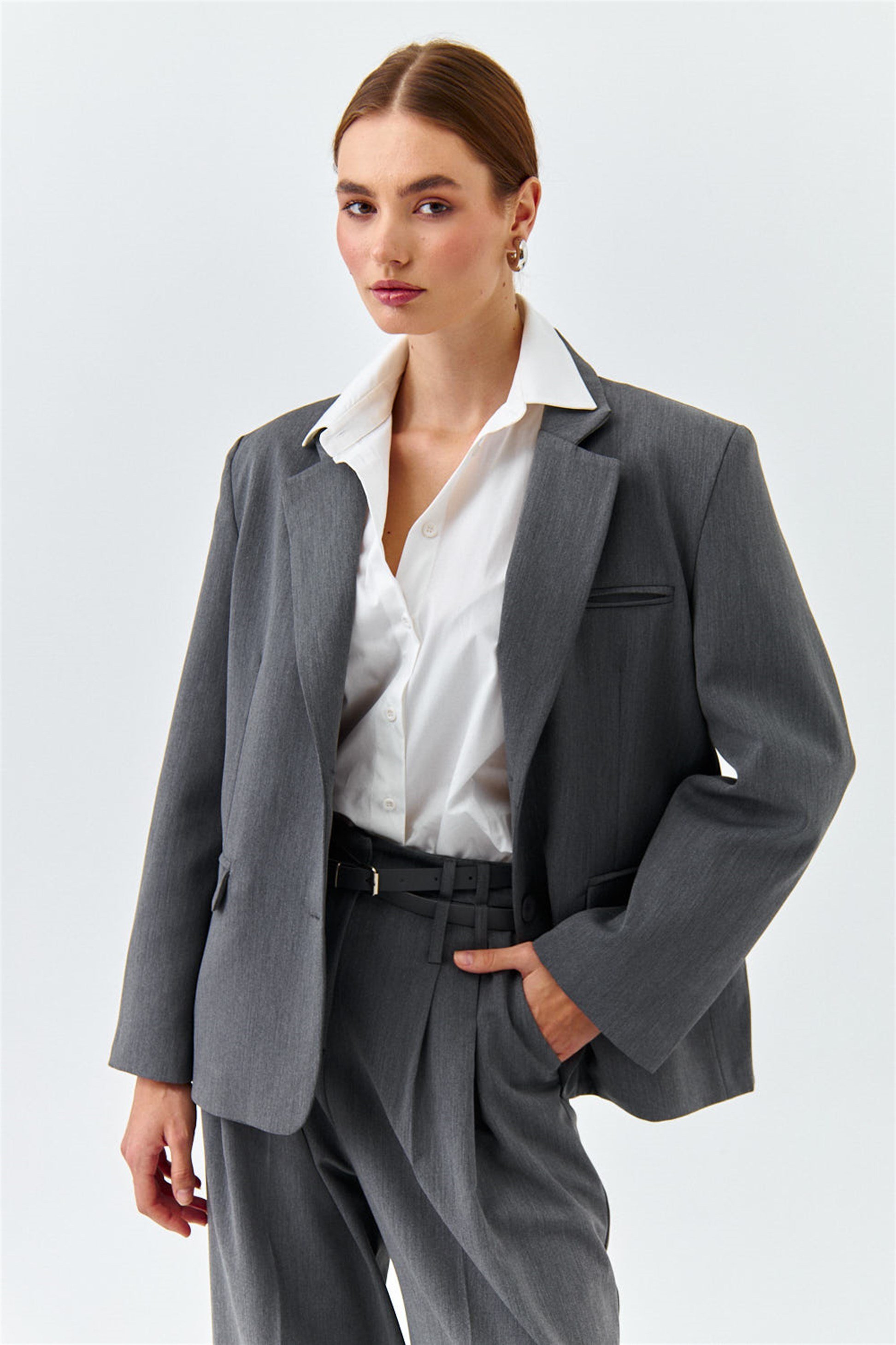 Oversize Blazer Gri Kadın Ceket | Tuba Butik