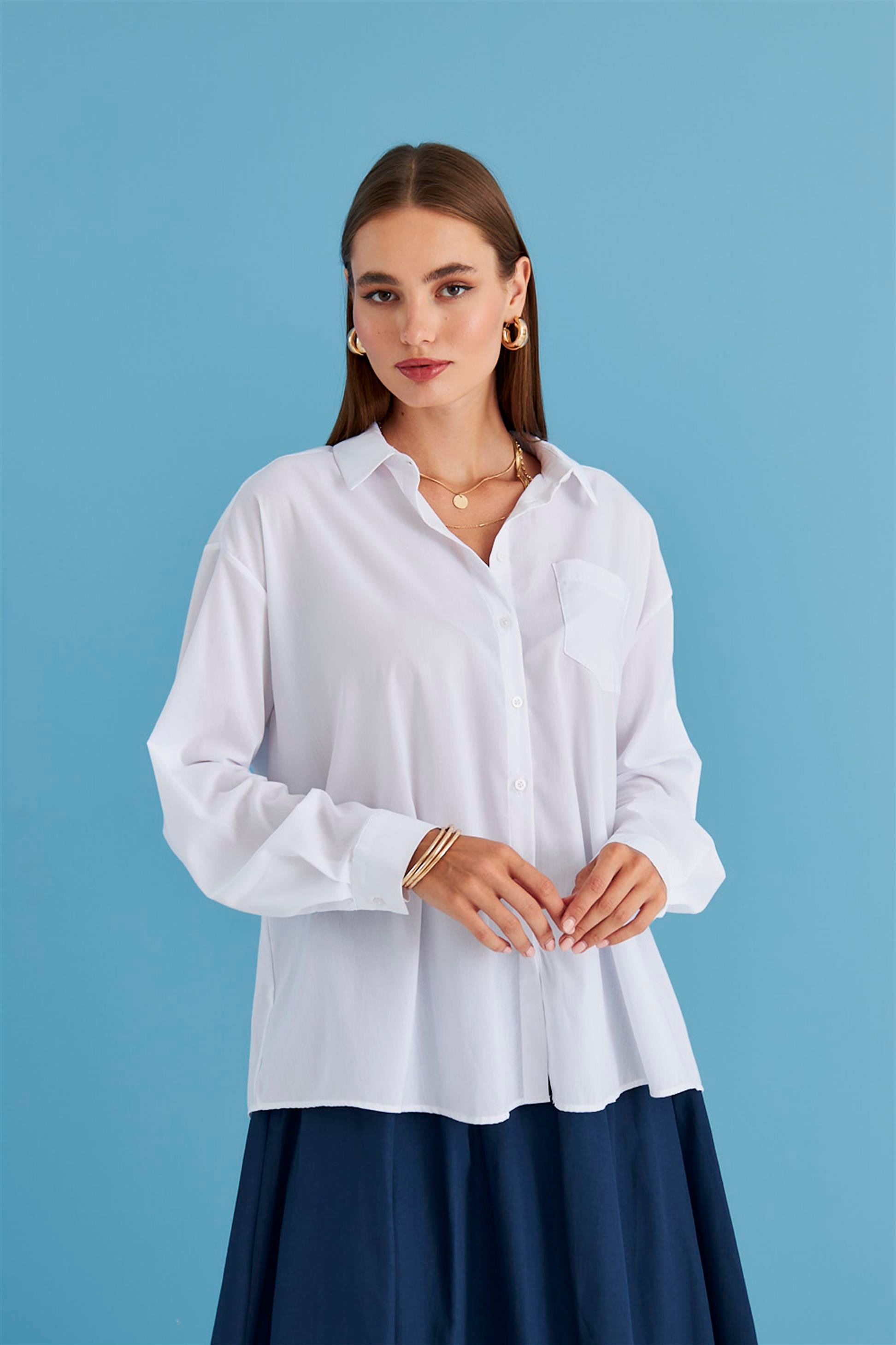 Oversize Uzun Kollu Beyaz Kadın Gömlek | Tuba Butik