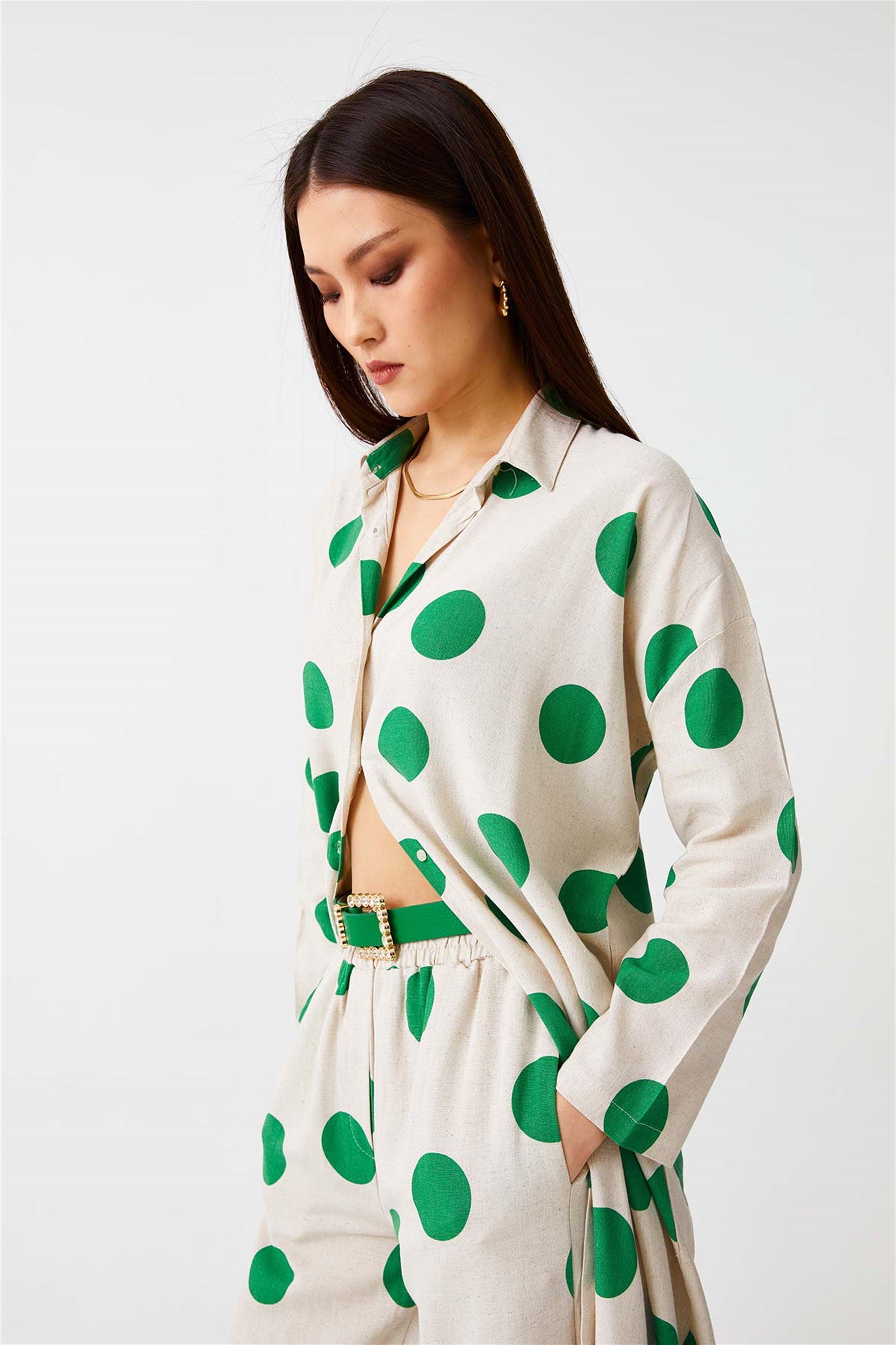 Puantiyeli Keten Yeşil Kadın Gömlek Elbise | Tuba Butik
