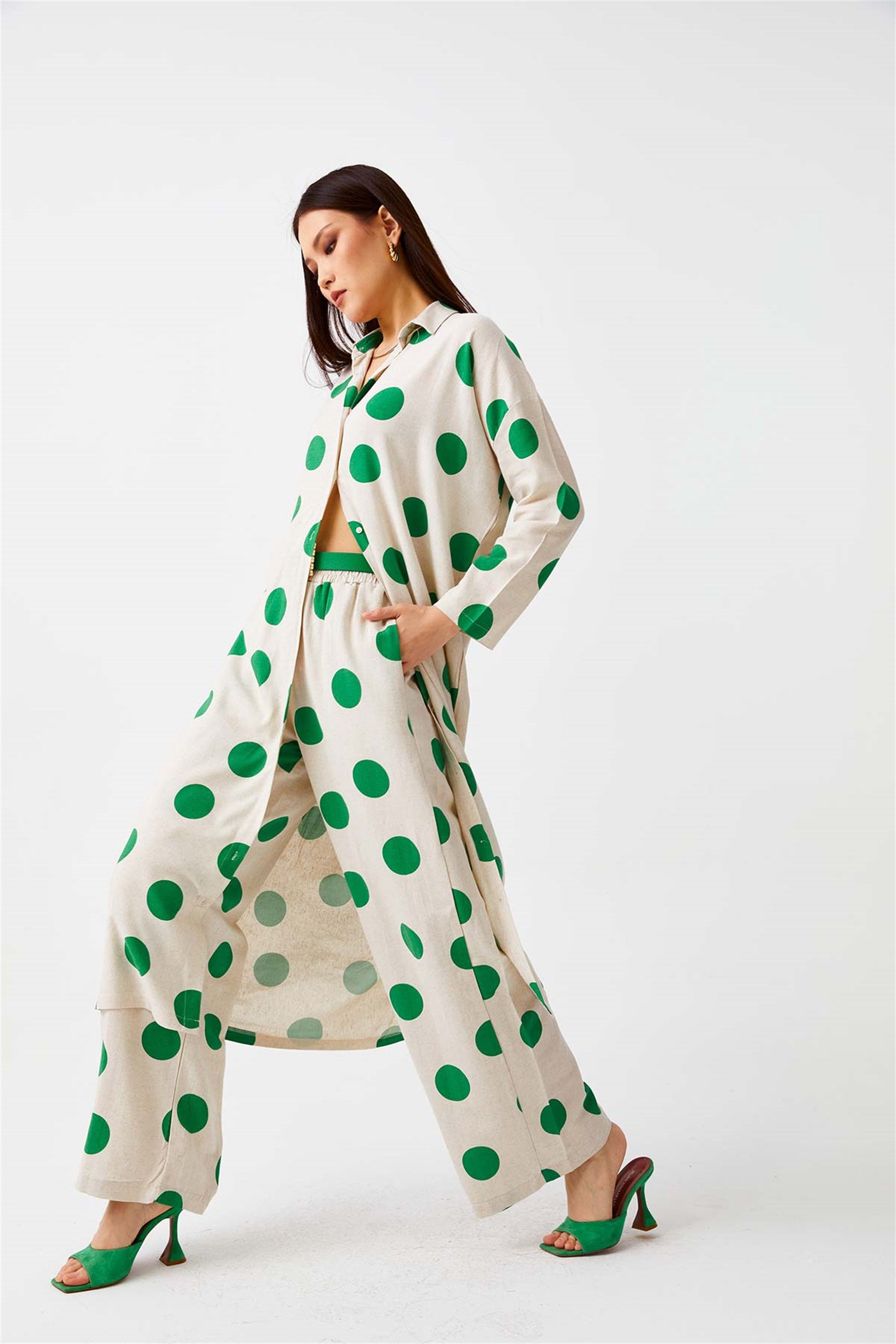 Puantiyeli Keten Yeşil Kadın Gömlek Elbise | Tuba Butik