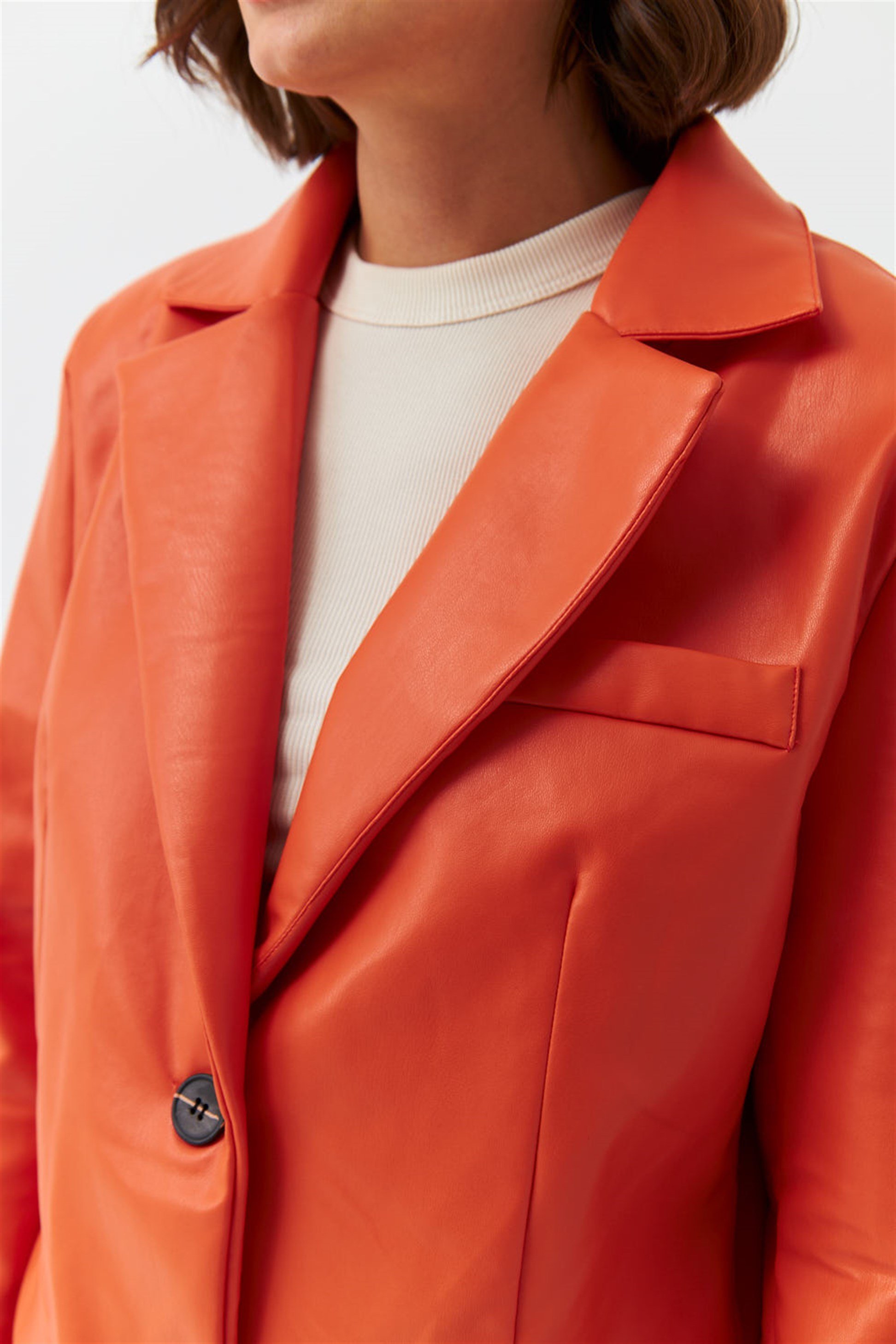 Faux Leather Blazer Orange Women's Jacket | Tuba Boutique