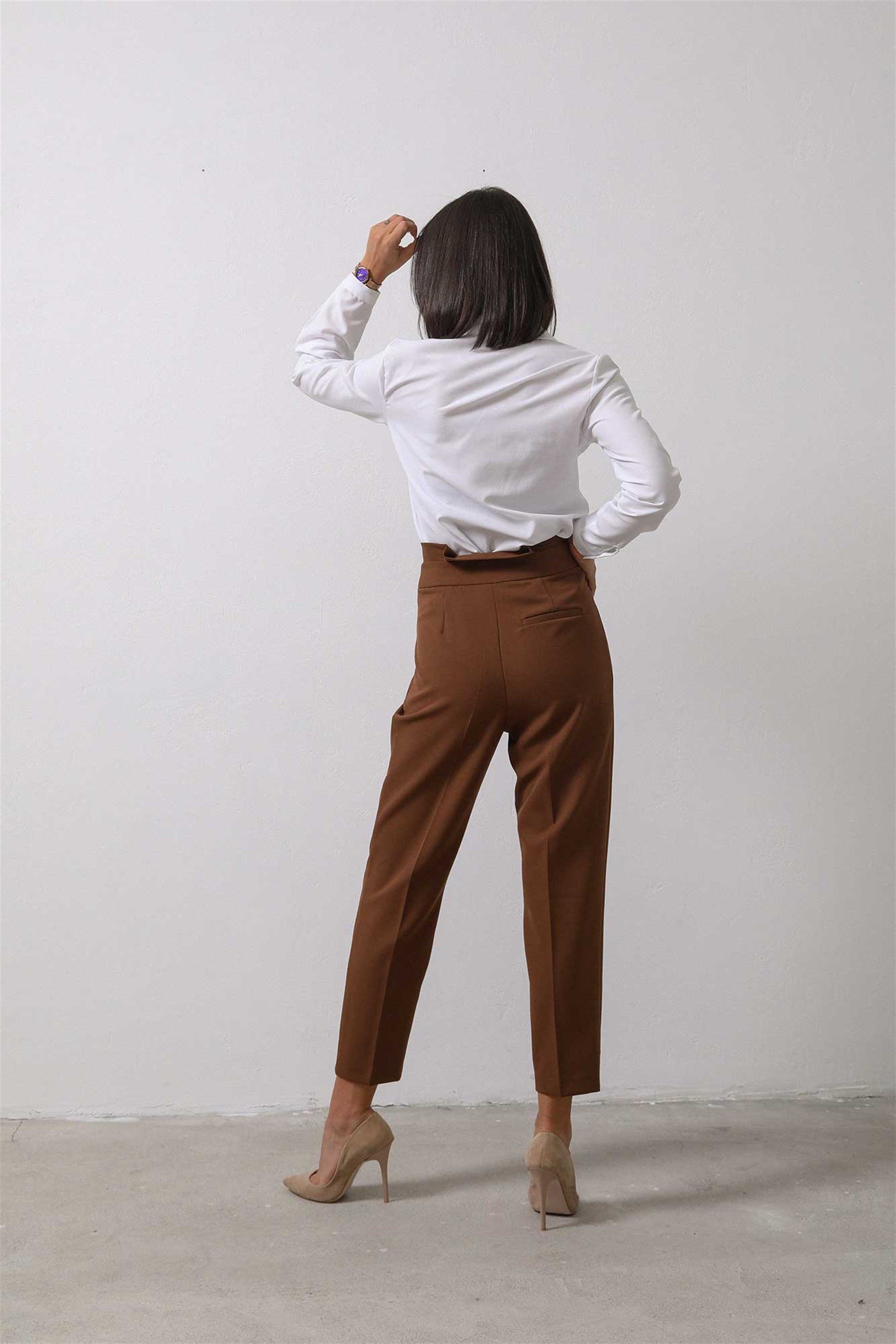 Yüksek Bel Tokalı Kumaş Koyu Kahverengi Kadın Pantolon | Tuba Butik