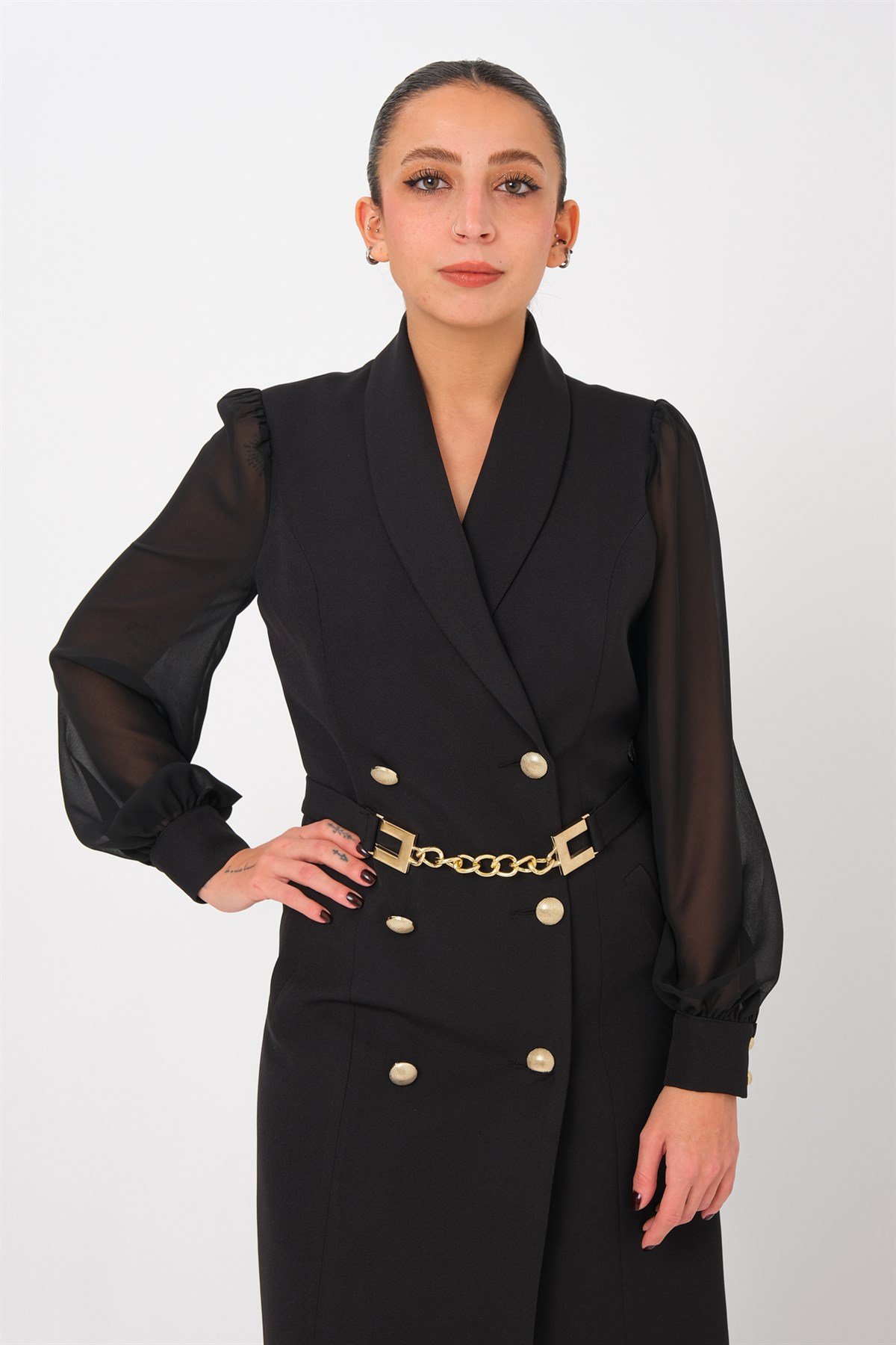 Kadın Şifon Kollu Ceket Elbise 28933PR22Y Siyah