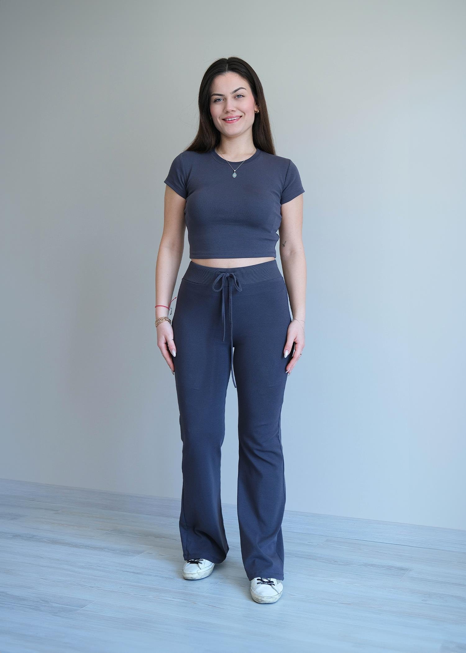 Kısa Kol Bershka Crop Takım Antrasit