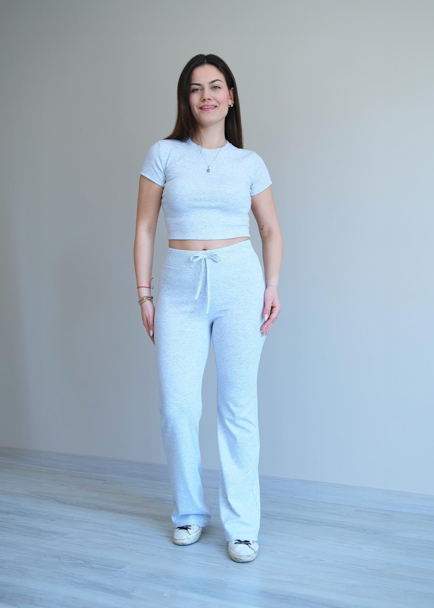 Kısa Kol Bershka Crop Takım Gri