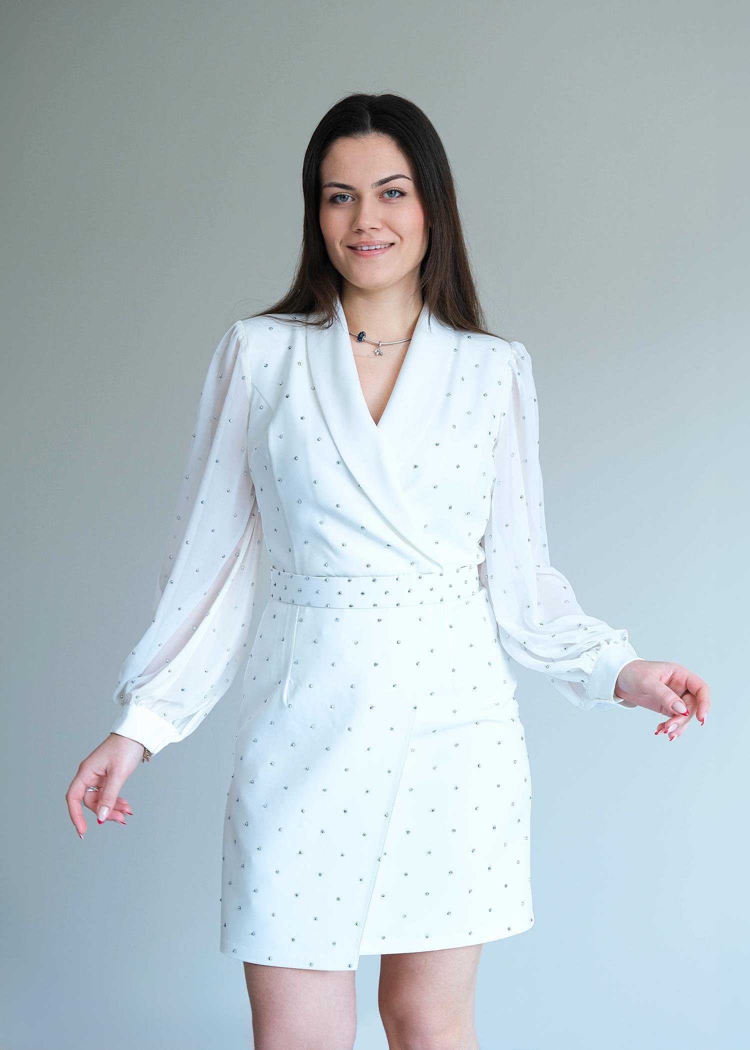 Kolu Şifon Taşlı Ceket Elbise Beyaz