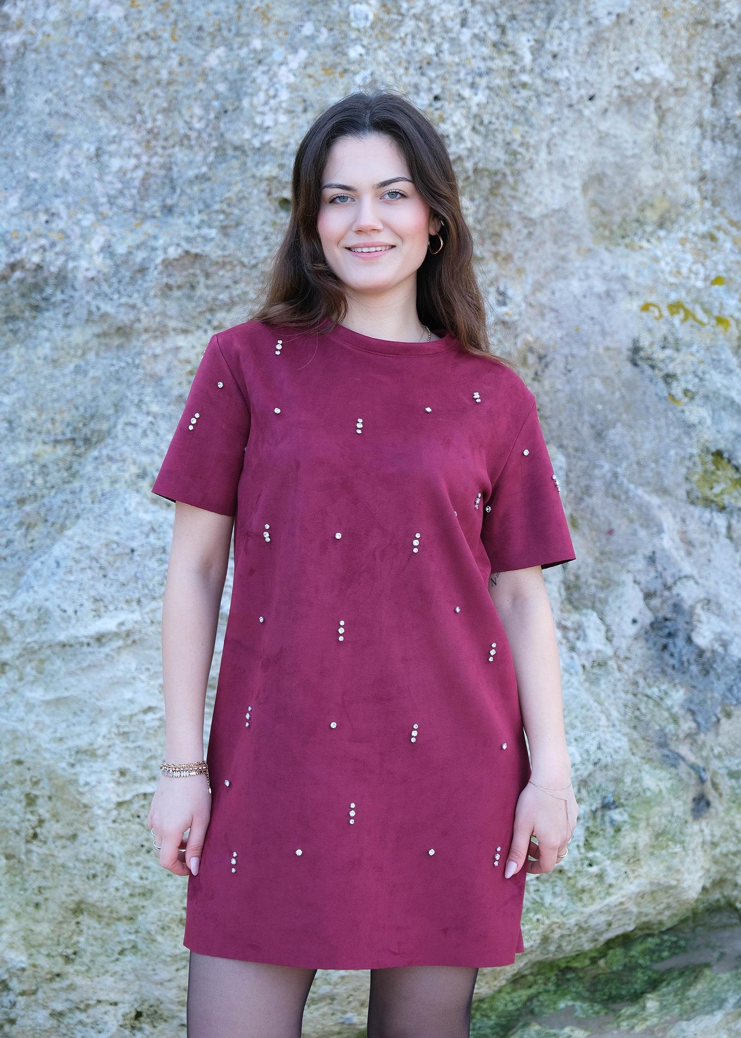 Önü Taşlı Kısa Kol Süet Elbise Bordo