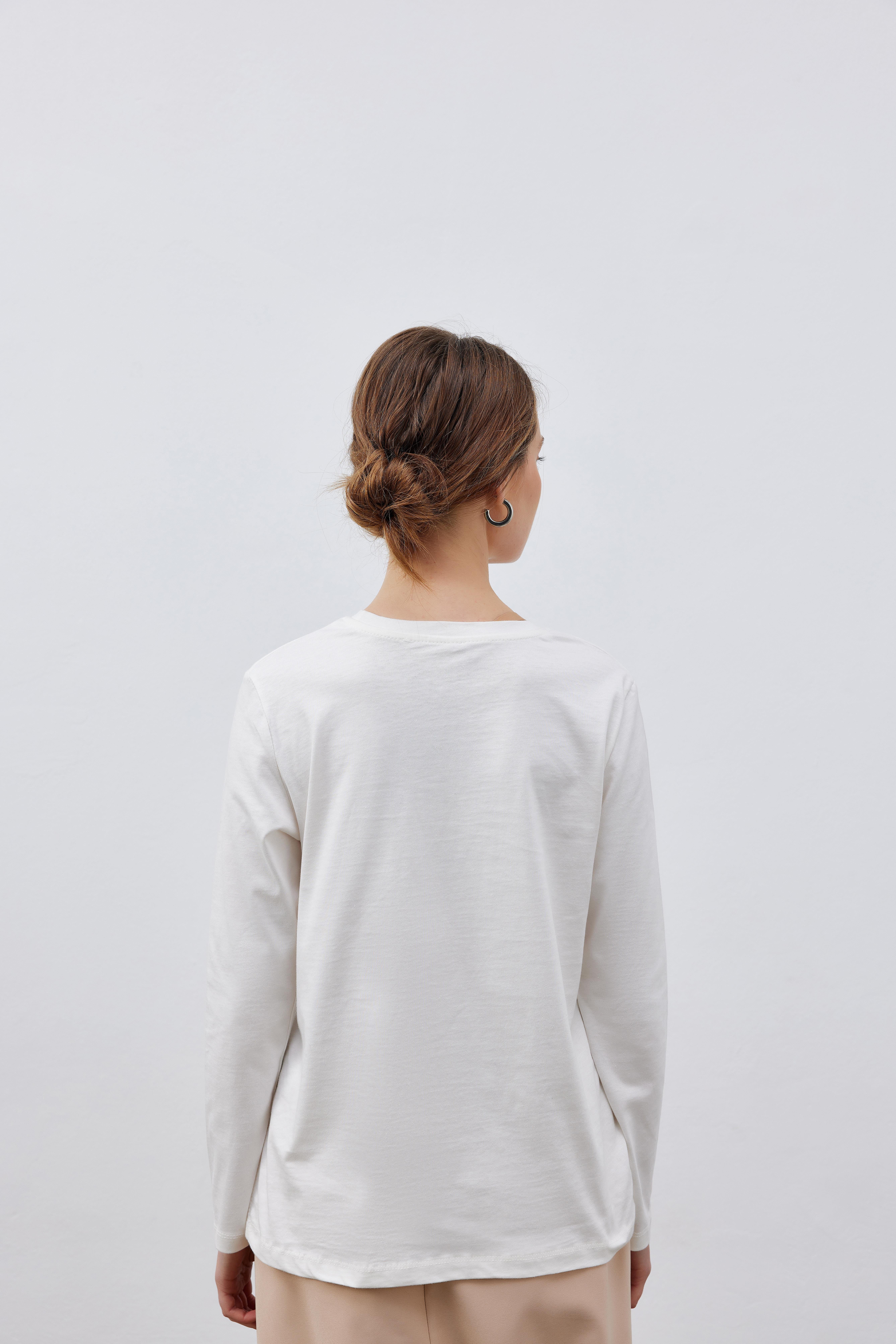 Uzun Kollu Pamuklu T-shirt - Beyaz