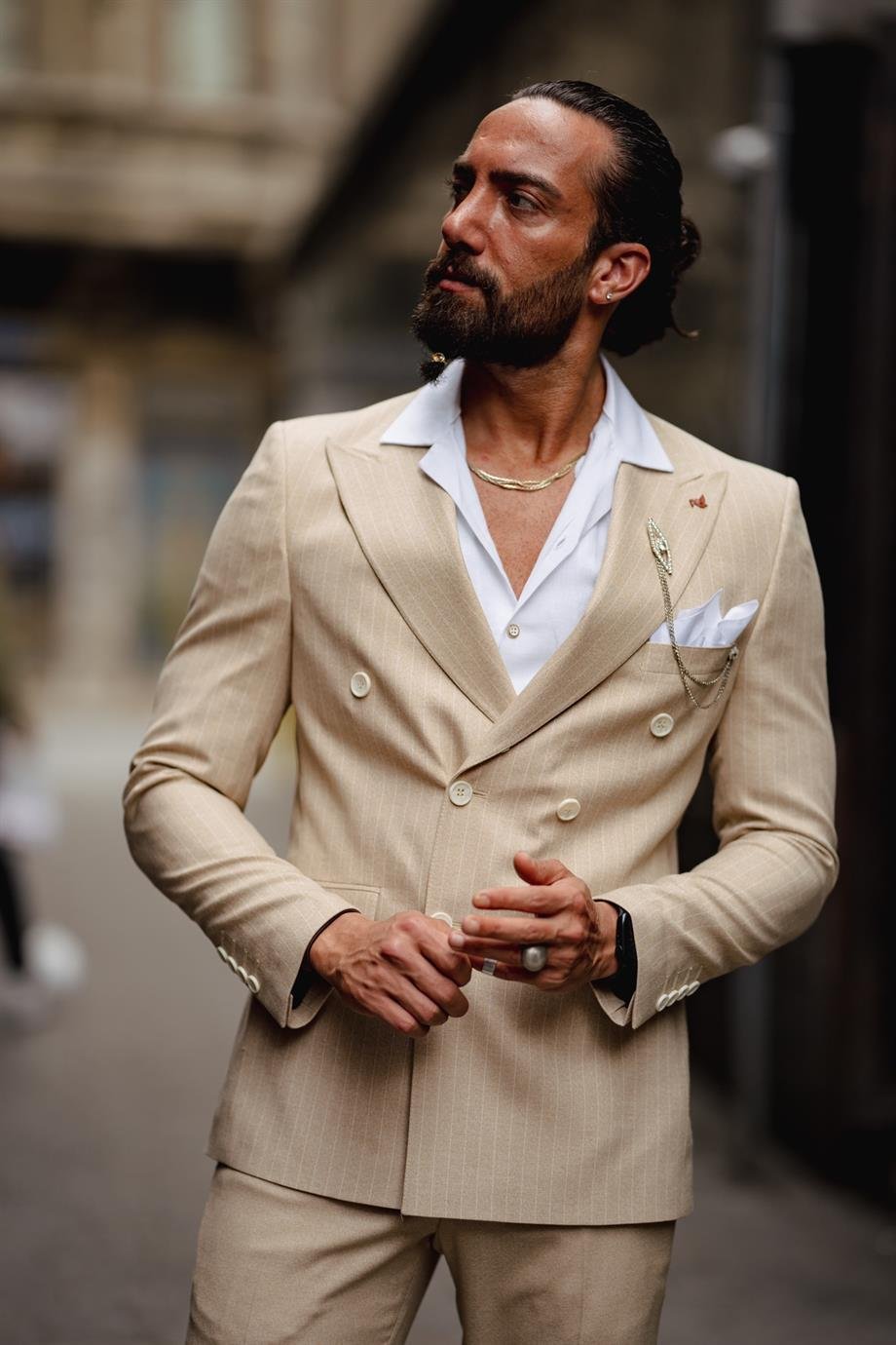 Double breasted cream suit best sale