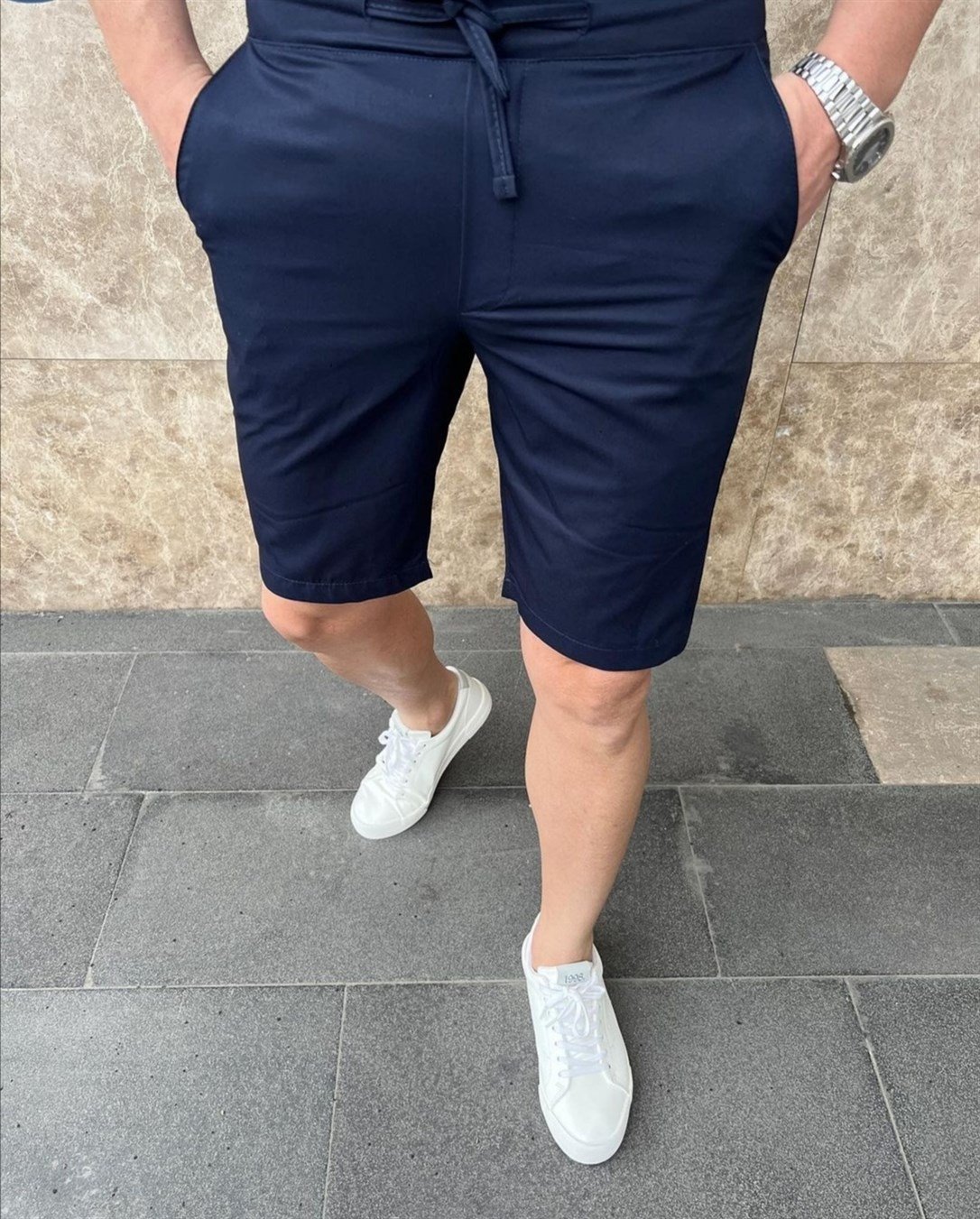 Erkek Lacivert Kısa Pantolon Slim Fit | Agustini