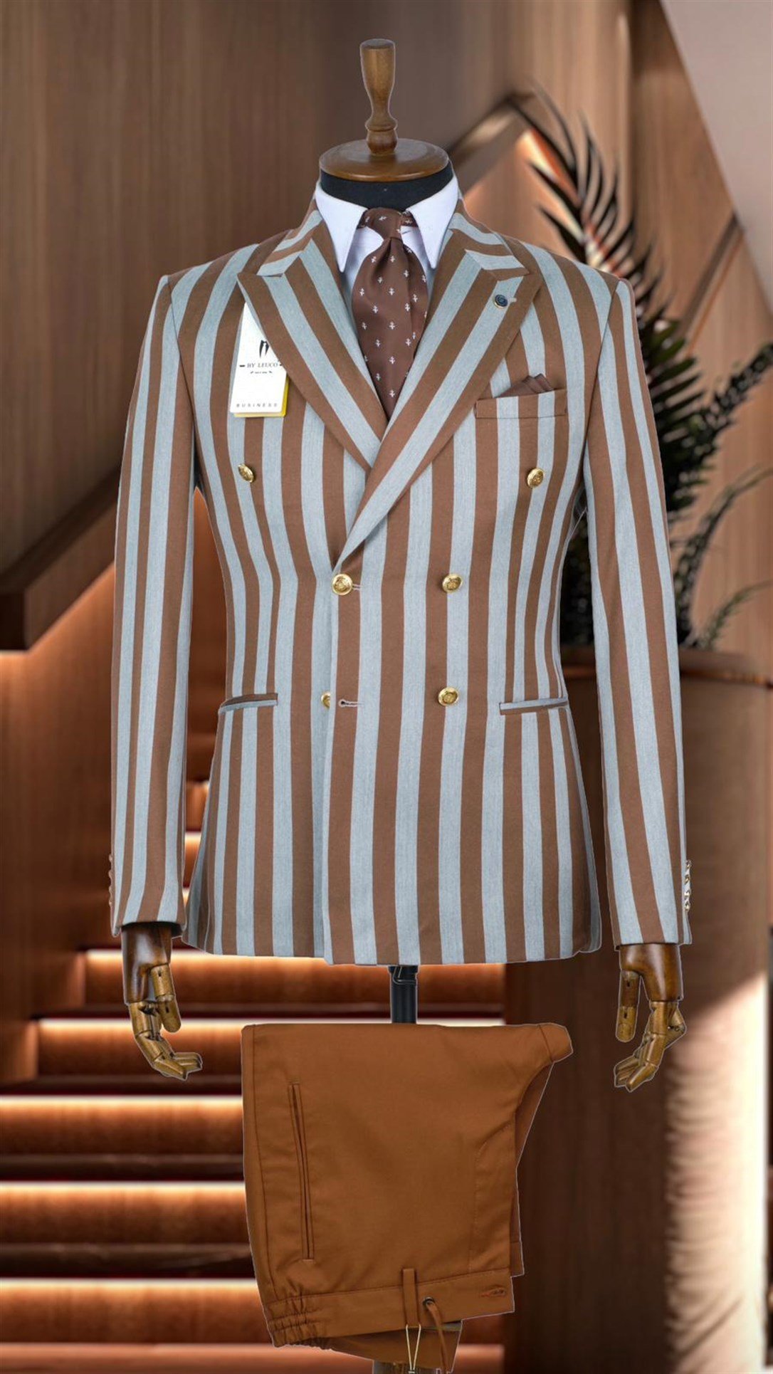 Taba ve Gri Çizgili İtalyan Stil Kruvaze İkili Kombin Takım Elbise Geniş  Sivri Yaka Slim Fit | Agustini