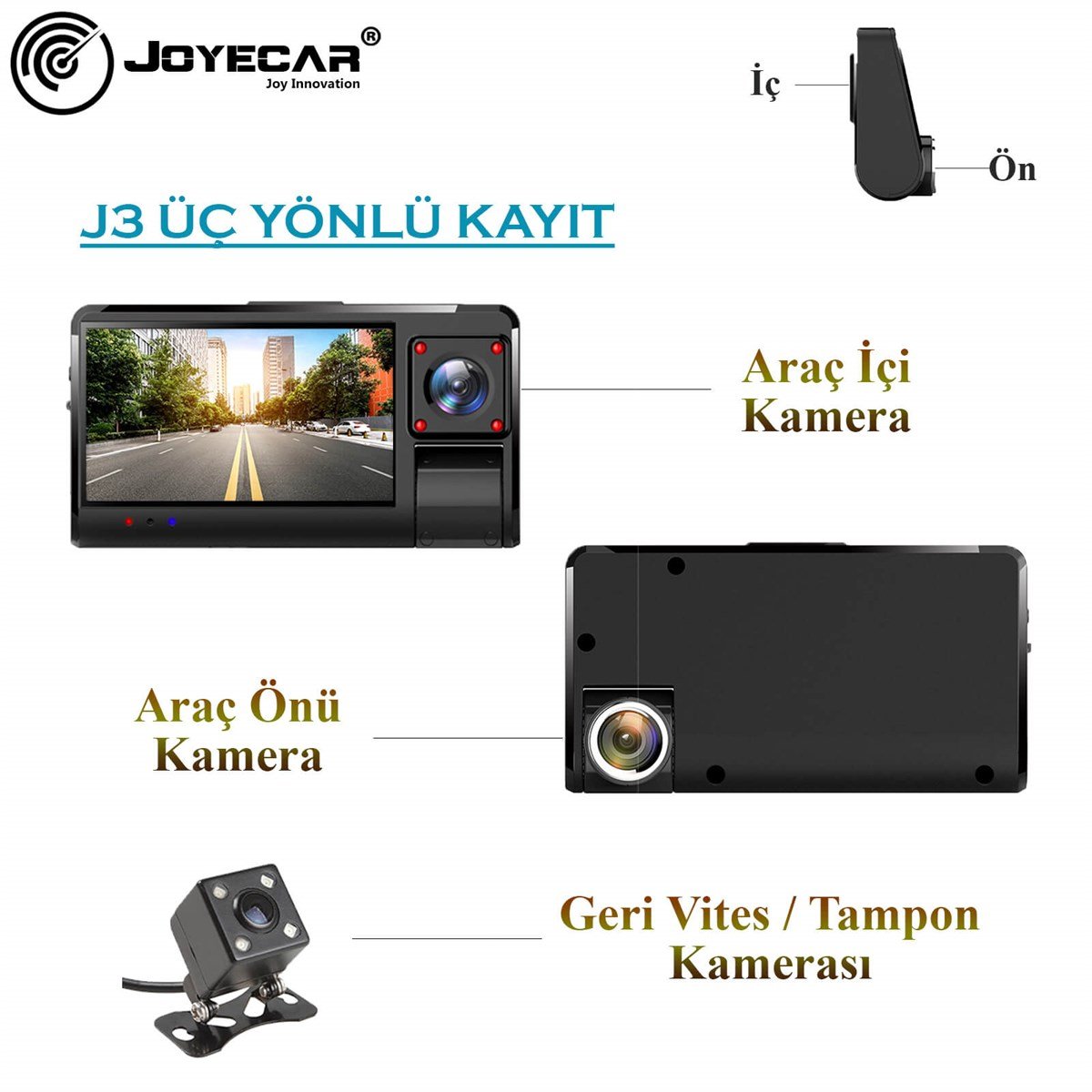 J3 Model 3 Kameralı 3 Yönlü Araç İçi Kamera - Joyecar