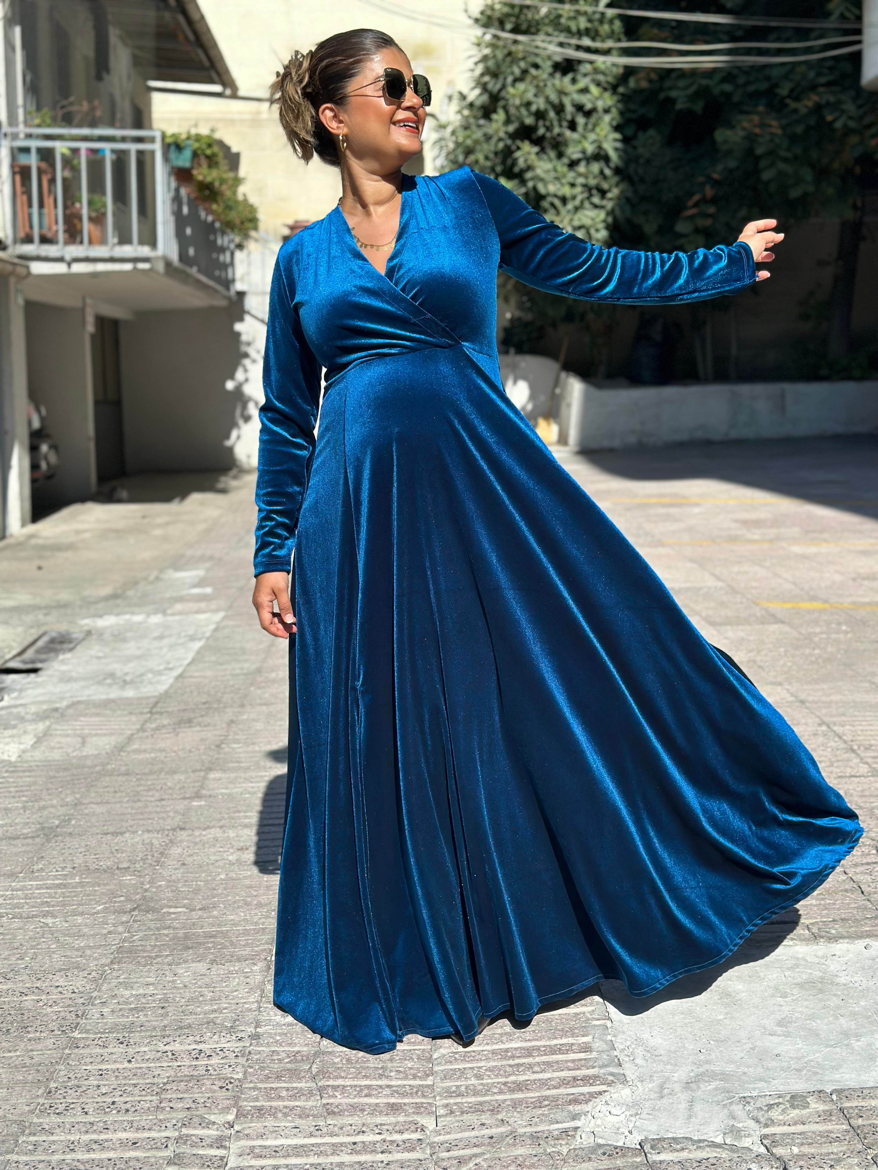 Kadife kruvaze yırtmaçlı elbise Saks Mavi
