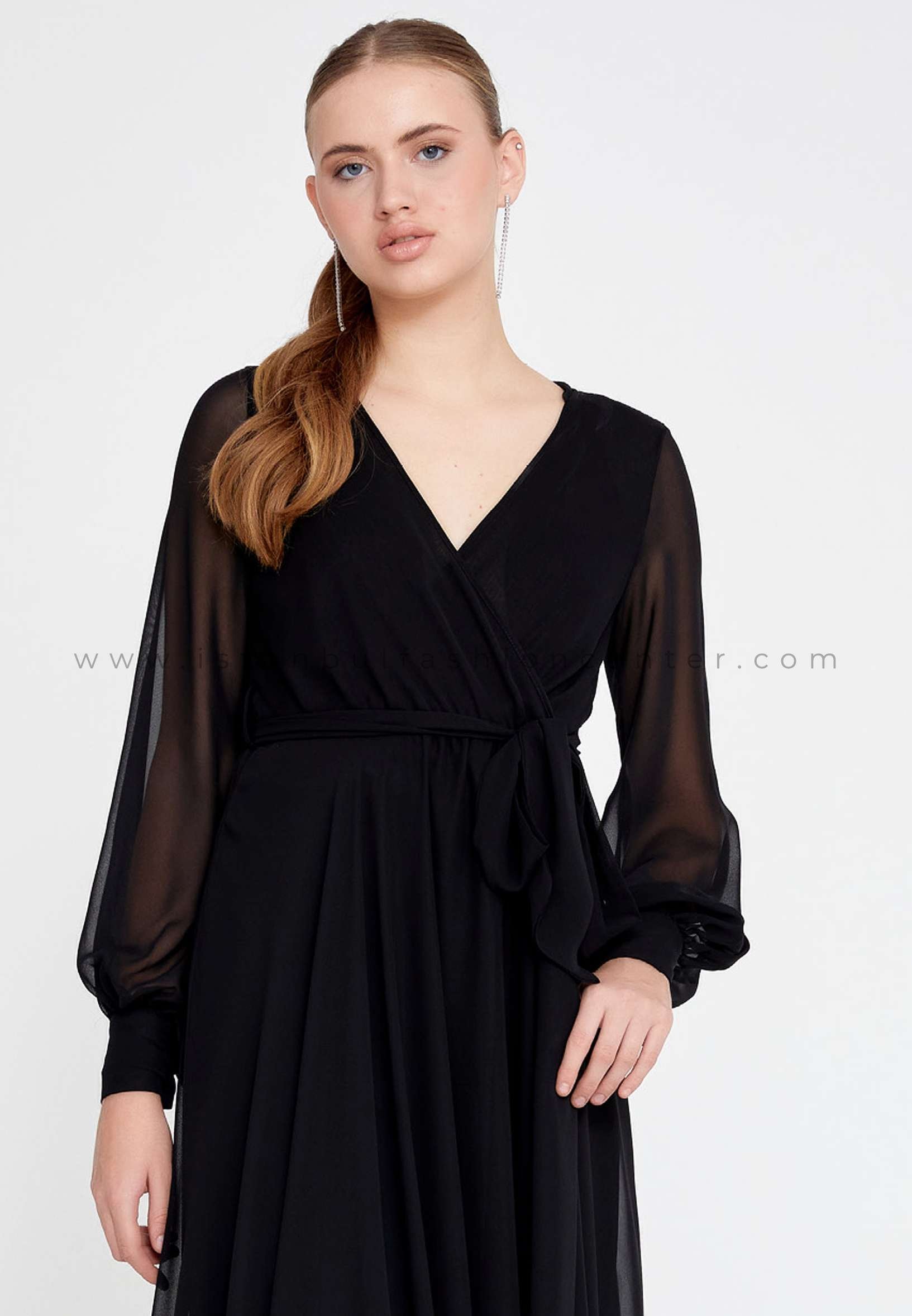ALİNCE Long Sleeve Maxi Chiffon Column Regular Black Evening Dress  Ale1578syh