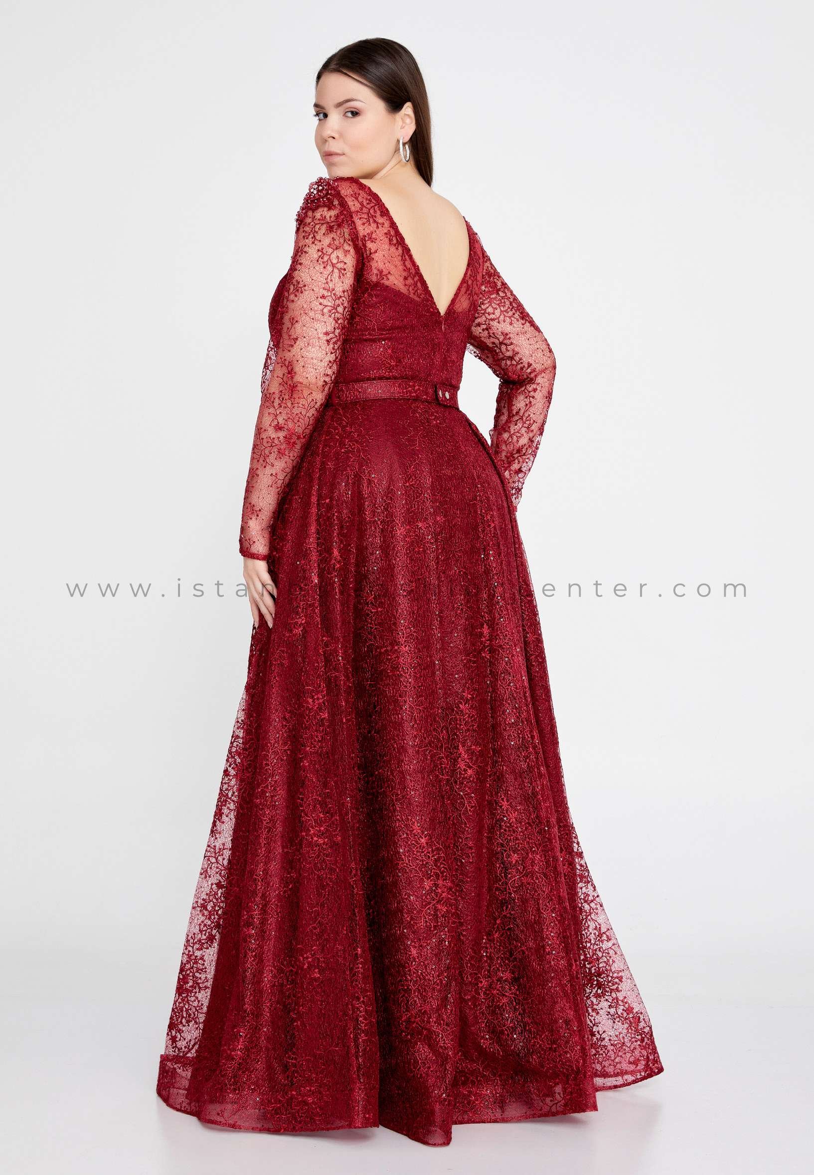 BUQLE DESIGN Long Sleeve Maxi Lace A - Line Plus Size Burgundy