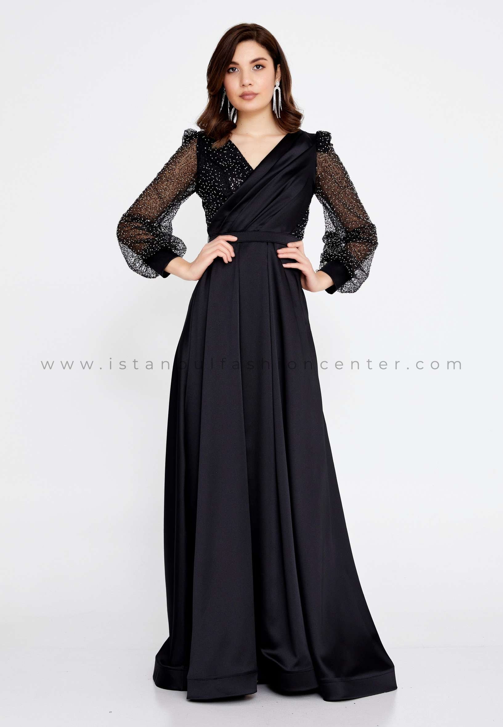 BUQLE DESIGN Long Sleeve Maxi Satin Mermaid Regular Black Wedding Guest  Dress Bql2491syh